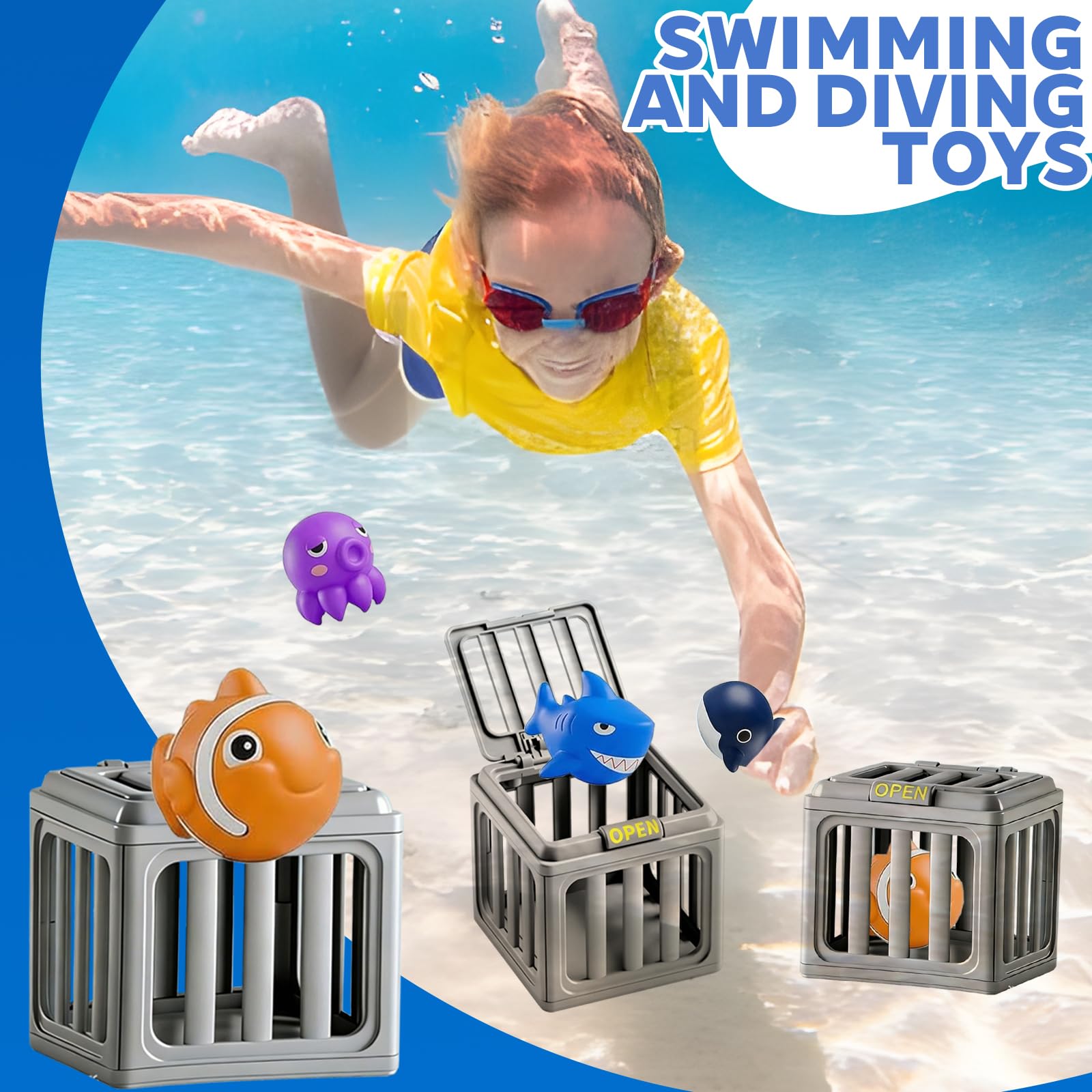 Unterwasser Rettung Tauchspielzeug, Tauchspielzeug Poolspielzeug für Kinder, Bunte Tier Tauchfiguren TauchspielzeugSet, Pool Käfigspielzeug mit Schwimmenden Tieren, Sommer Pool Badewanne