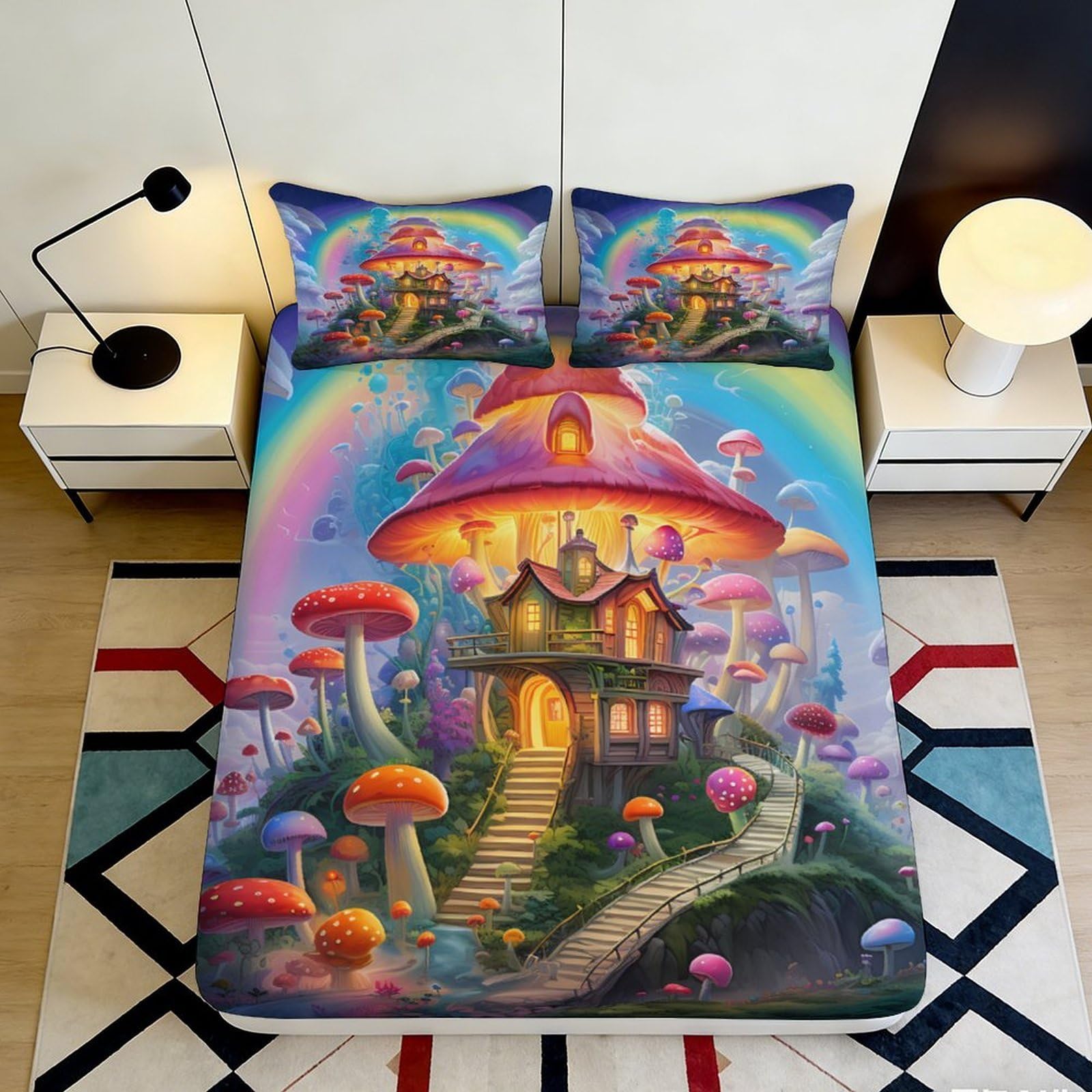 3D Printed Fantasy Mushroom House Fitted Sheet Microfiber Colourful Bed Cover for Bedroom Guest Room Dorm Decor 90x200x25cm