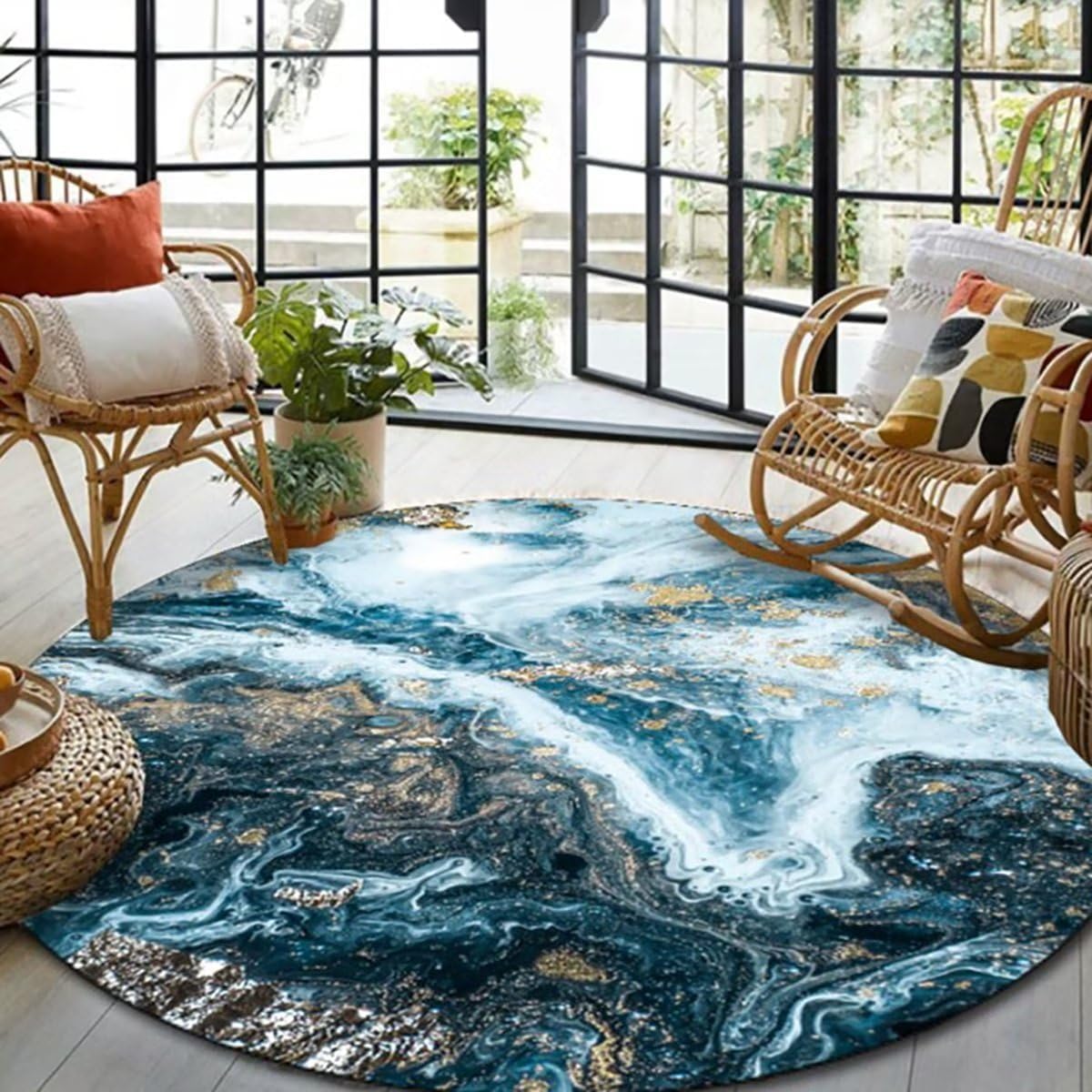 Small Circle Rug for Bedroom 2ft Blue Marble Circle Area Rug Ocean Waves Throw Rugs Non-Slip Modern Abstract Round Rug for Bathroom Soft Floor Mats