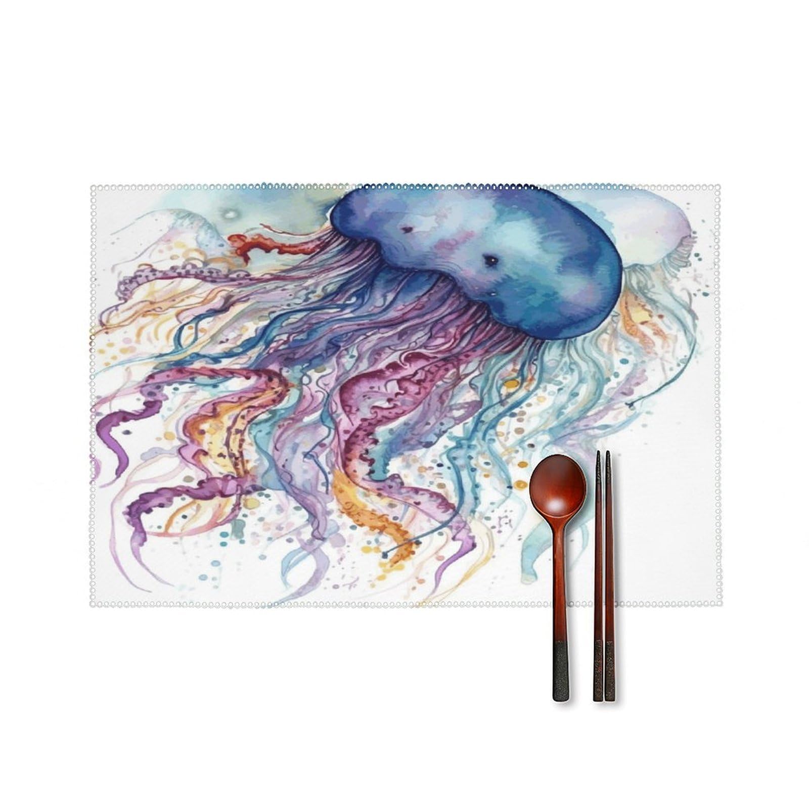 Watercolor Jellyfish Placemat Cute Non-Slip Place Mats for Dining Table Classic Washable Placemats Set of 4 Square Outdoor Decoration Table Mats for Kitchen Home Party