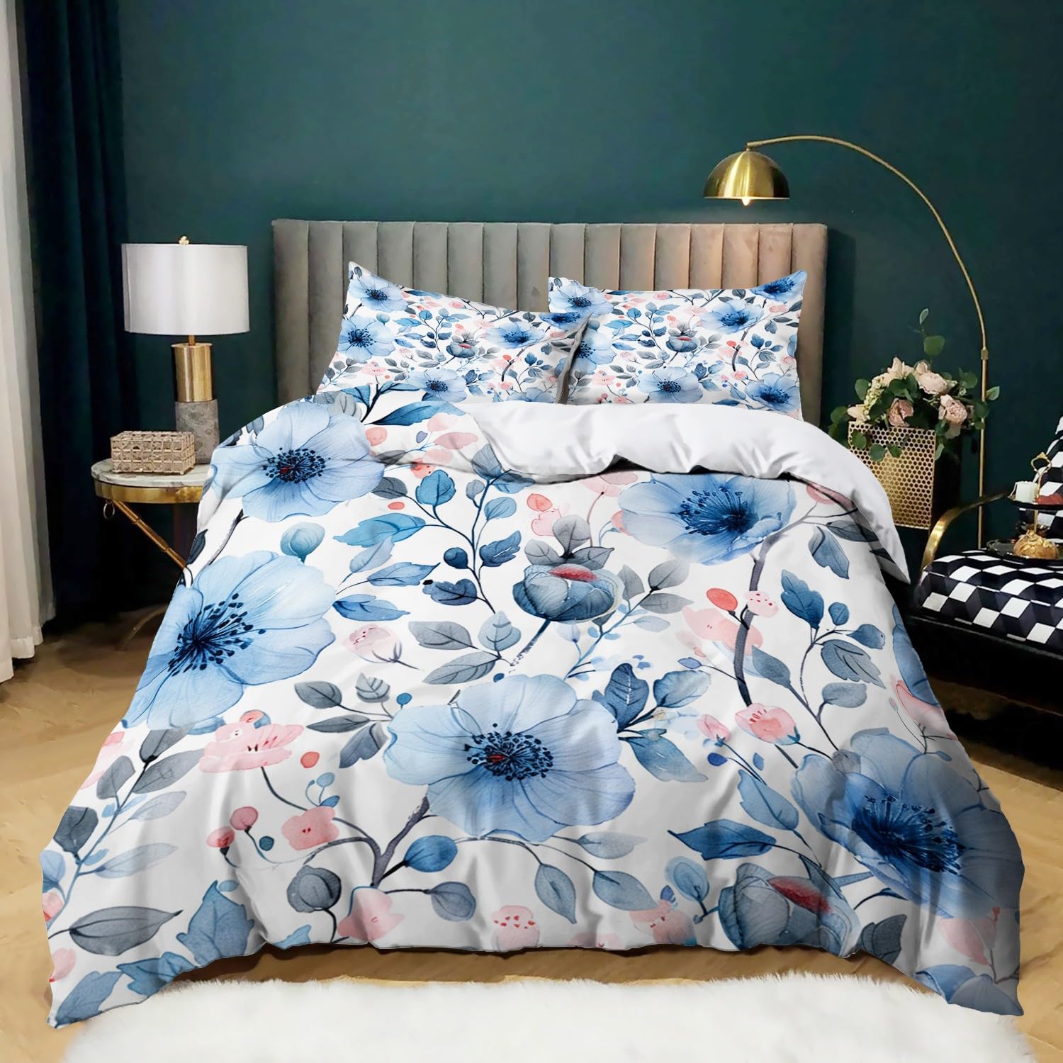 Biancheria da letto blu, 155 x 220 cm, per bambini, ragazzi e adolescenti, per letto singolo, fiori botanici e foglie, copripiumino con chiusura lampo e federa da 80 x 80 cm