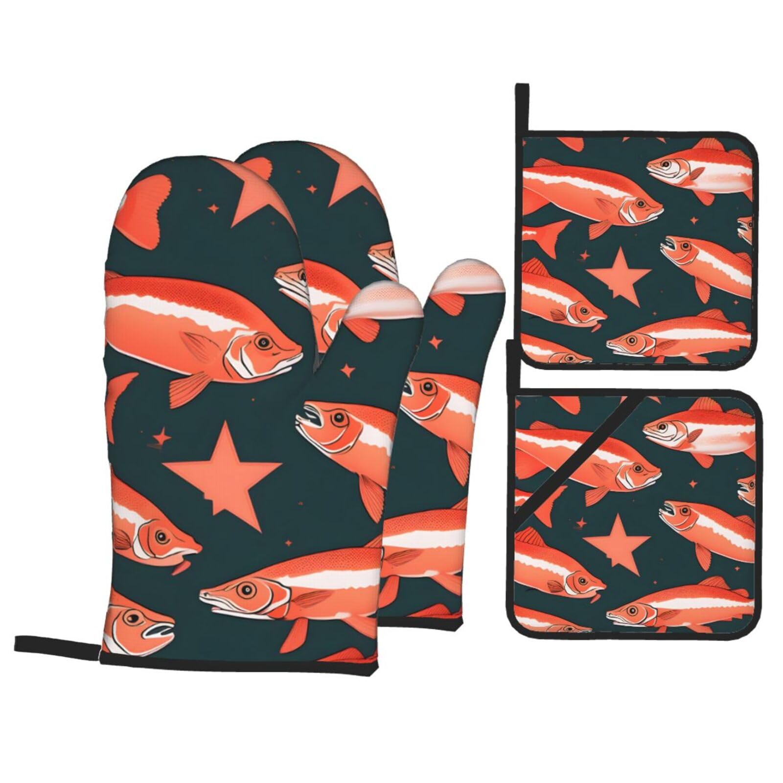 Salmon Print 4-Piece Oven Microwaving Set Kitchen Gloves for Holiday Cooking Baking Grilling