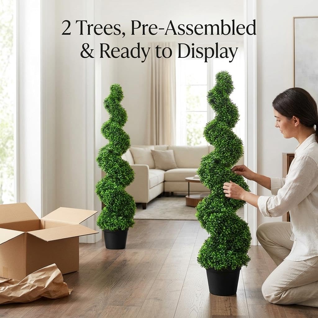 Faux Topiary Trees, 2 Pack Spiral Boxwood Shrub with Rust-Resistant Frame, 38.2 Inch Pre-Assembled Artificial Greenery for Indoor Home Decor with Included Black Planters