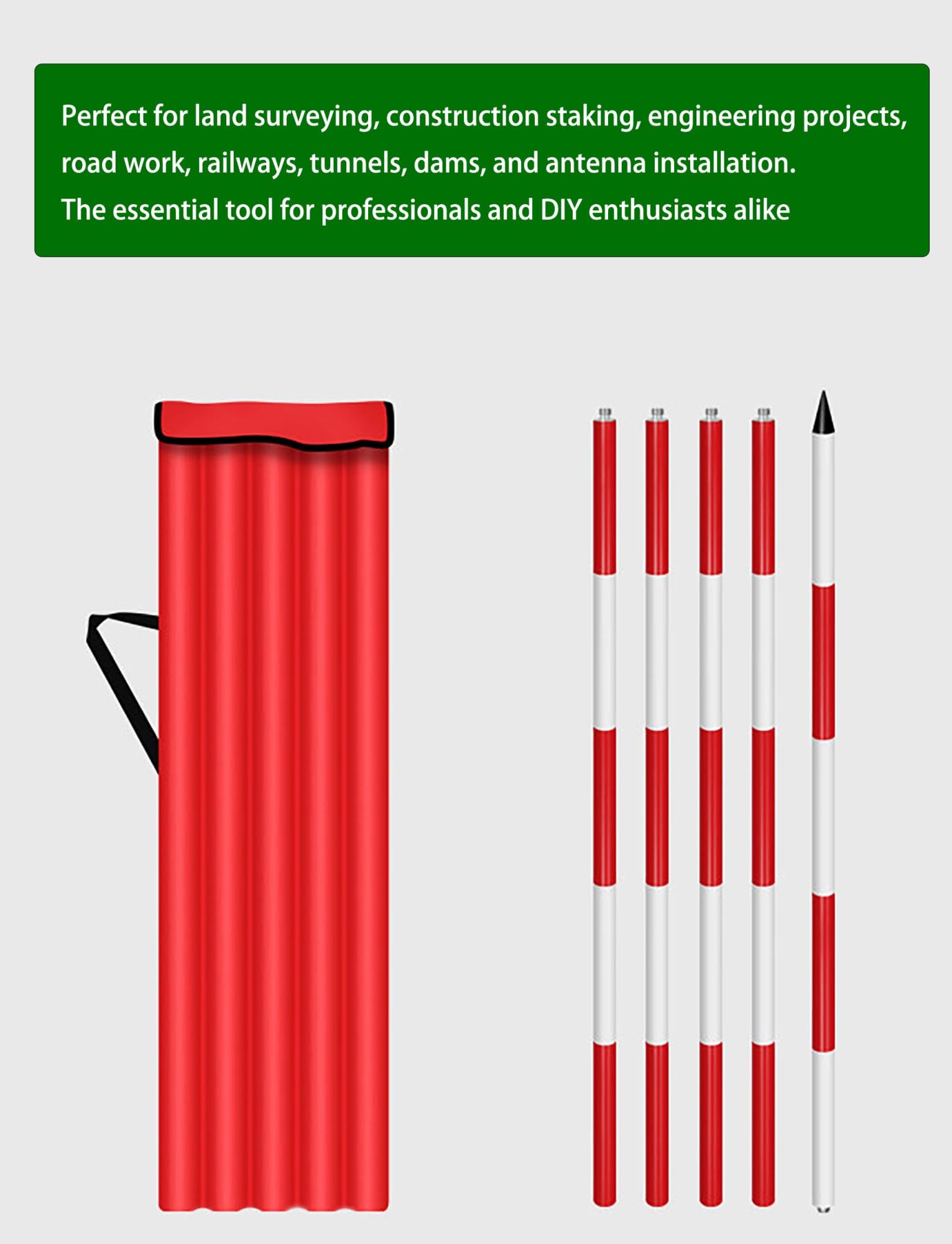 Poste topográfico de aluminio de 2/3/5 metros, rojo ajustable for topografía, construcción de carreteras y establecimiento de sitios(200cm/6.6ft)