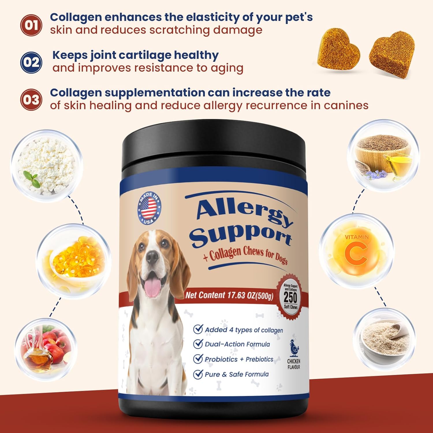 Pet Allergy Relief Chewable Tablets,500count Natural Collagen Drops Dual-Action Formula Joint Health Care with Colostrum Probiotics