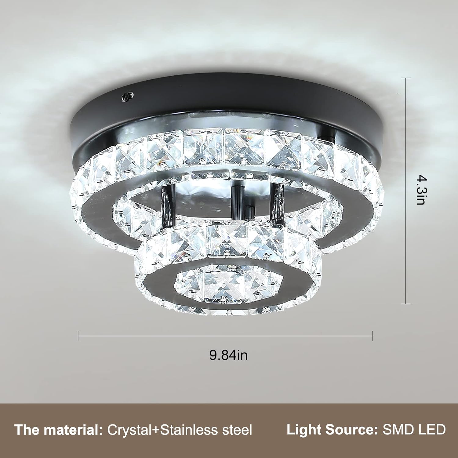 9.8 inch Modern Crystal Chandelier Flush Mount Ceiling Light, Black Mini Chandelier with LED Lighting for Bedroom Hallway Entryway Dining Room, 6000K Daylight Small Semi Flush Mount Fixture