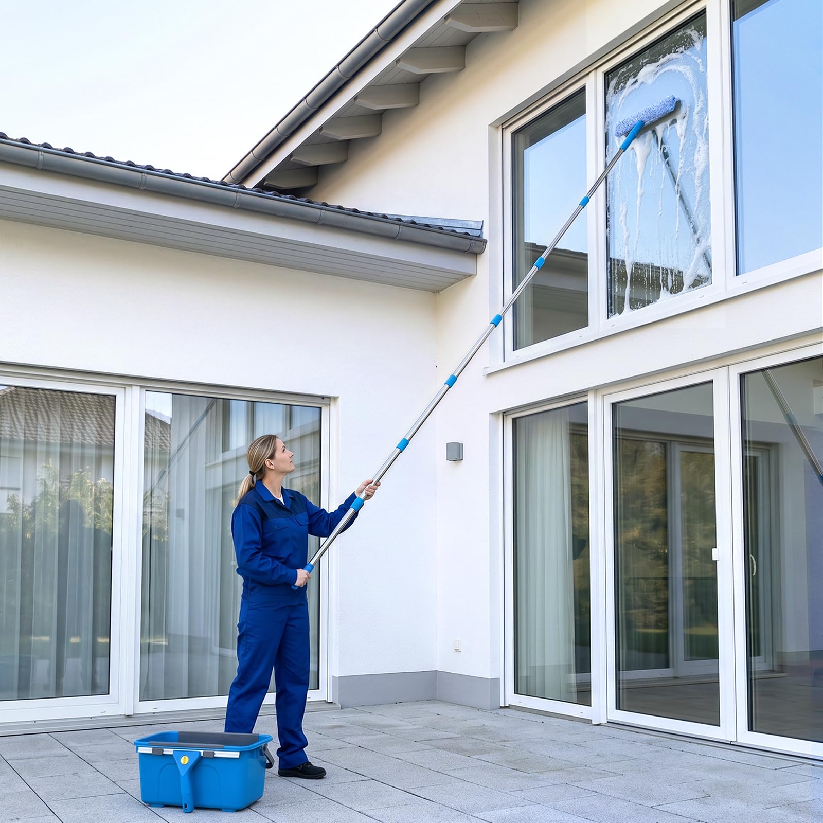 Fensterputzer Set, 3,25m Profi Teleskopstange Fensterreinigung mit Fensterputzeimer 12L, Fensterreiniger Set mit 35,5CM Fensterwischer, Fenster Reinigungsset für Haus, Fenster, Glas, Auto, Outdoor