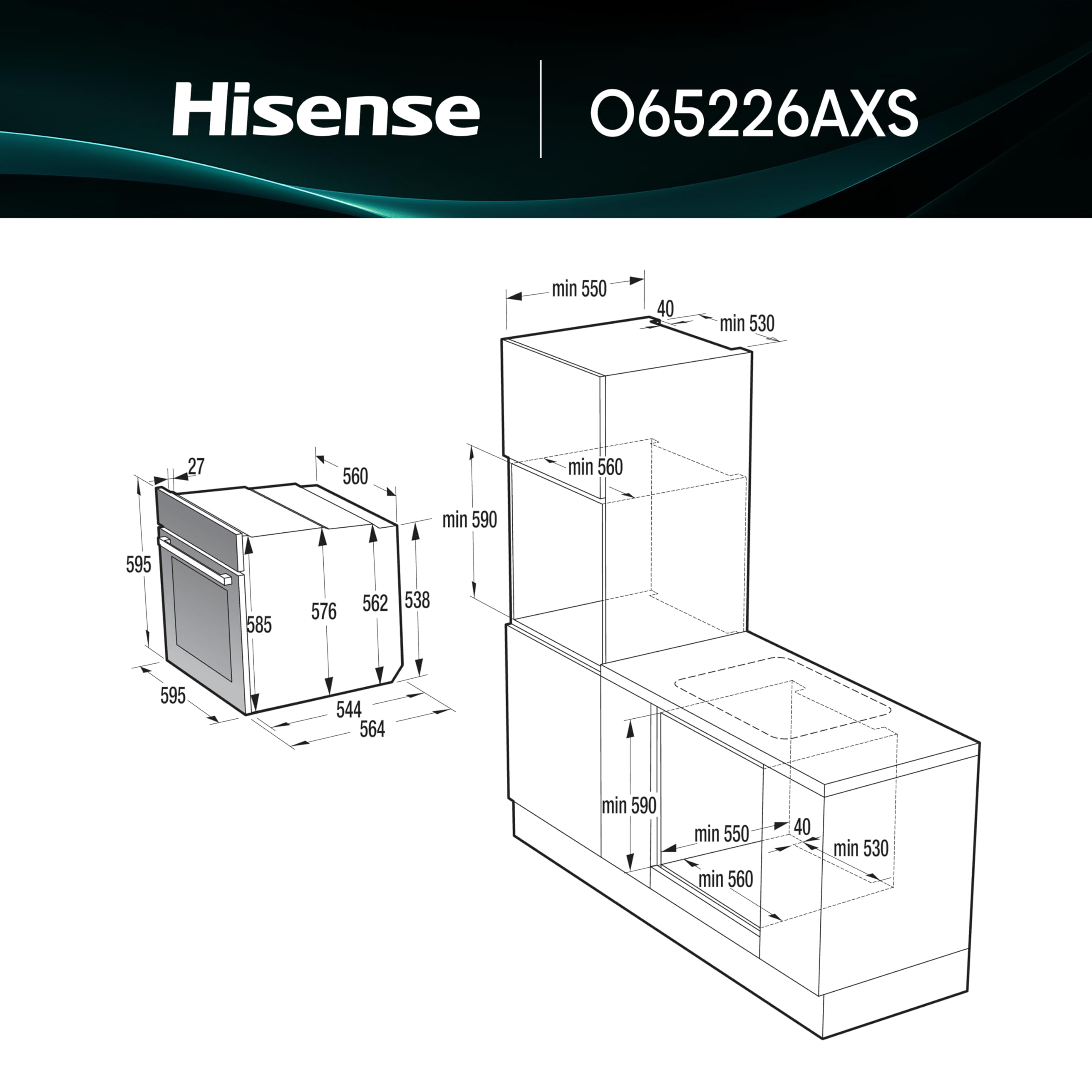 Hisense O65226AXS Forno Elettrico da Incasso Multifunzione con Vapore, Cavità 77 litri, 11 Funzioni di Cottura, Pizza 300°C, AirFry, Steam Clean, Preriscaldamento Rapido, Classe A, Inox Anti-impronta
