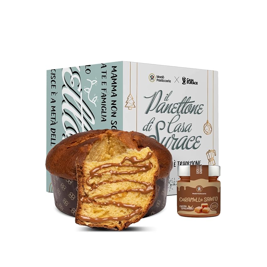 Immagine del prodotto Panettone Artigianale CASA SURACE al Caramello Salato con Albicocche Pellecchiella del Vesuvio MADE IN ITALY 750g - Panettone con Crema al Caramello Salato 200g e Cubetti di Albicocca Candita