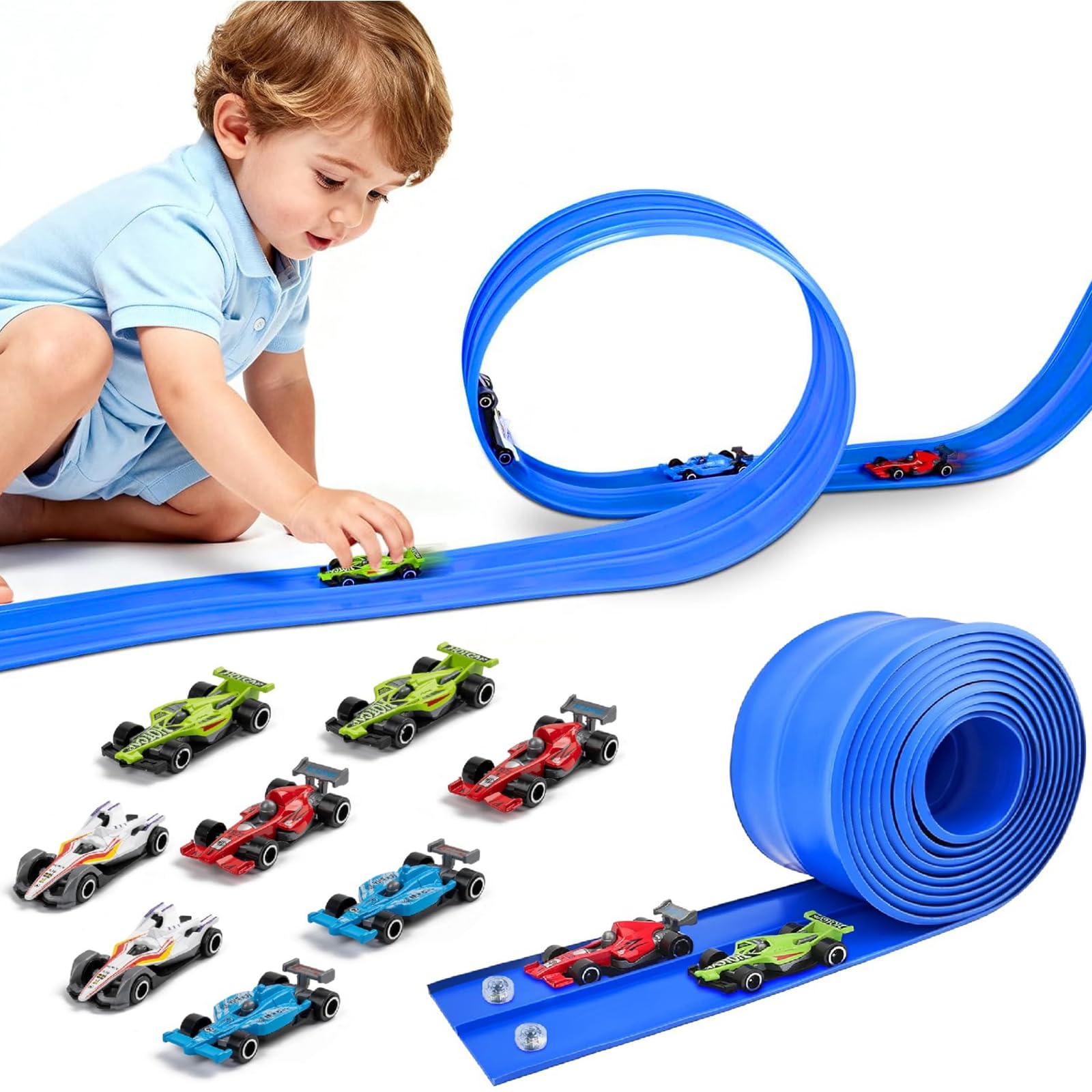 Circuit Voiture Flexible, 4M Circuit Voiture Enfant Jouet avec Voies Doubles et 1/64 Formule Course Piste de Course Flexible avec Ventouses Piste de Voitures Enroulable Cadeau Garçons Filles