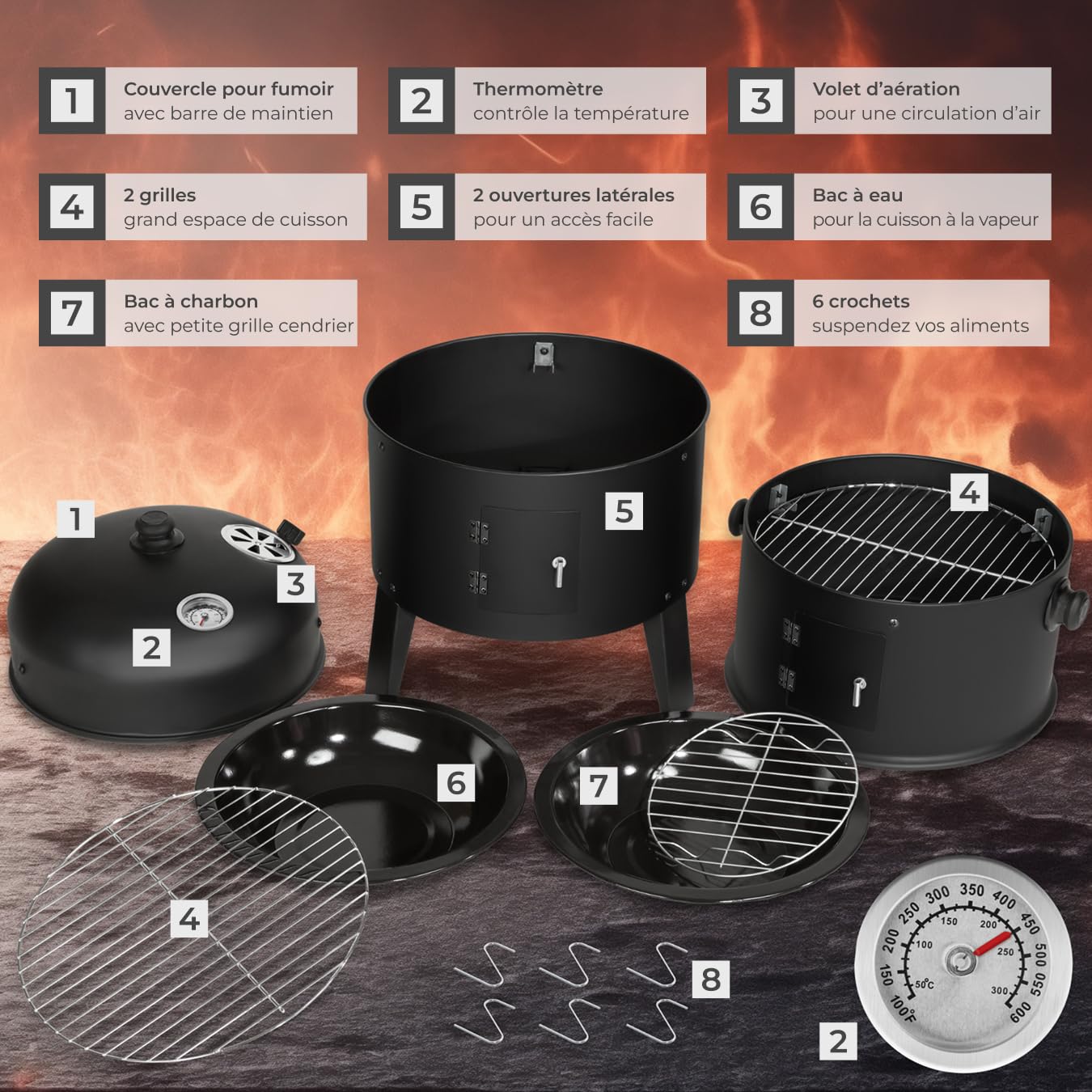 tectake® Barbecue Grill XL BBQ à Charbon Smoker Fumoir Viande et Poisson 3 en 1, 3 étages avec Roues et Thermomètre intégré pour Cuisine à la vapeur Cuisine extérieure