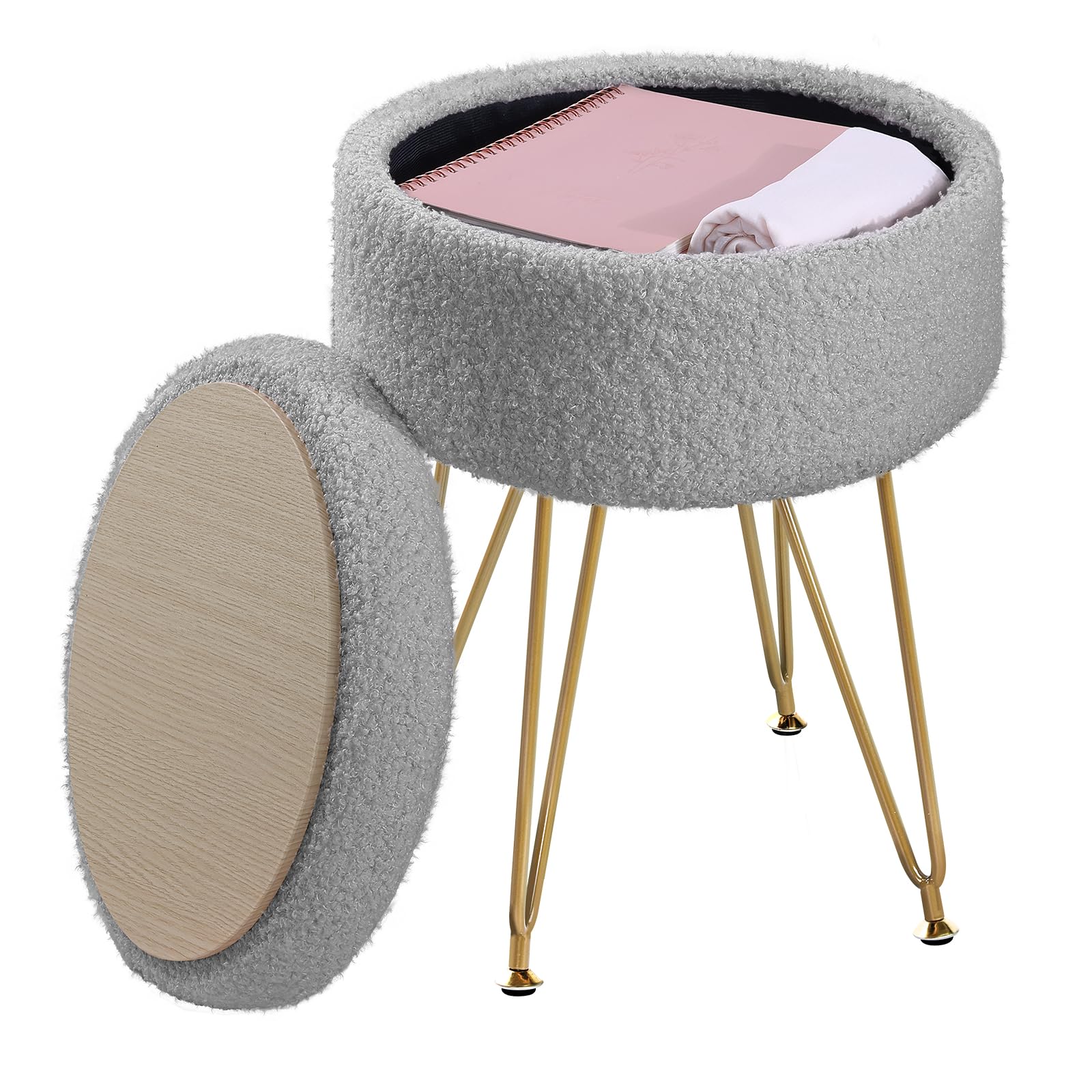 ABHENG Puff Almacenaje, Redondo, Taburete Silla de tocador de Piel sintética con Almacenamiento, Pouf Taburete de sofá. Asiento para tocador, Mesa Lateral, 32 x 32 x 44 cm, Gris Paloma, ASND51G