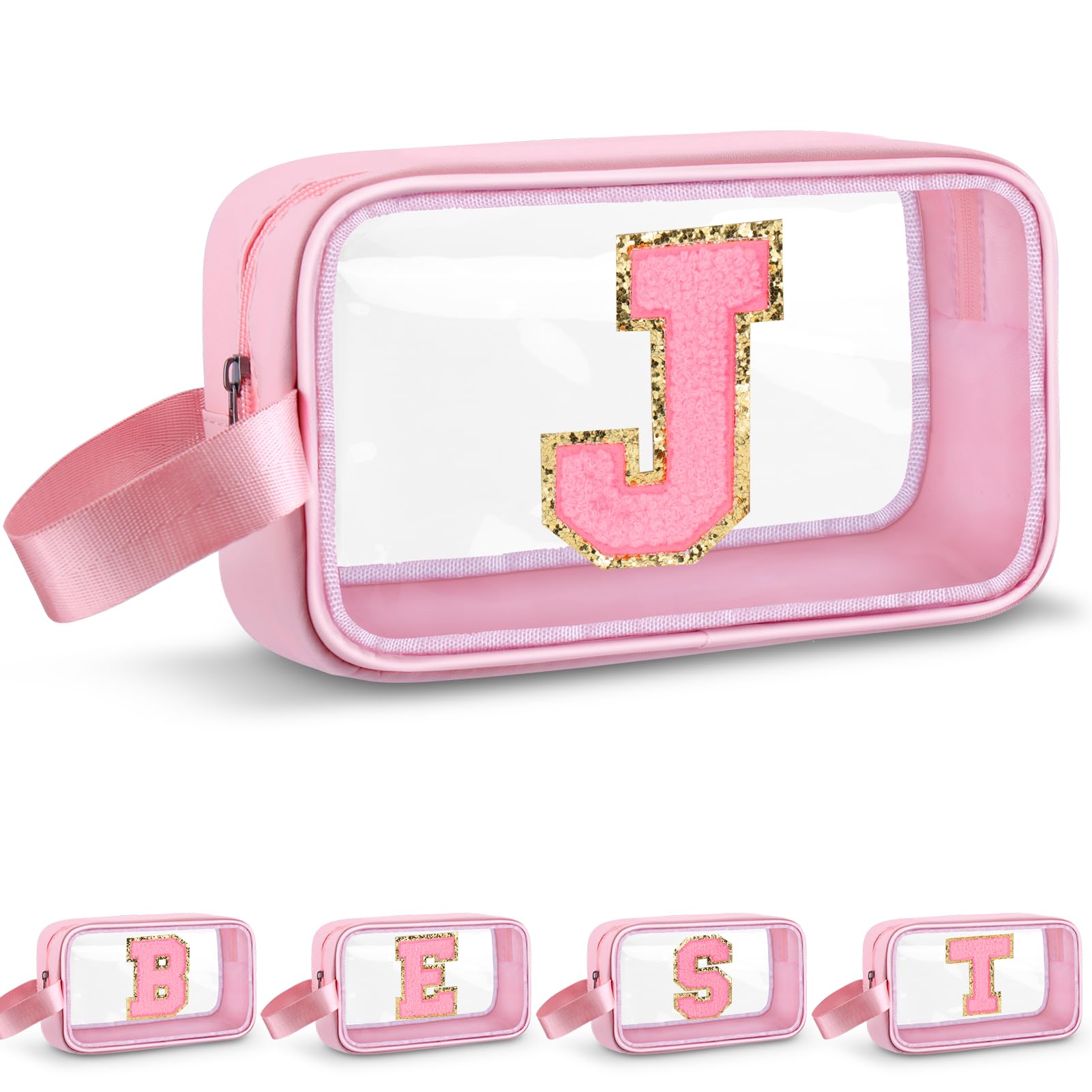 Vodolo Initial Makeup Bag,Letter J Cute Clear Monogrammed Cosmetic Travel Bag for Womens Girls,Personalized Pink Aesthetic Traveling Make Up Organizer
