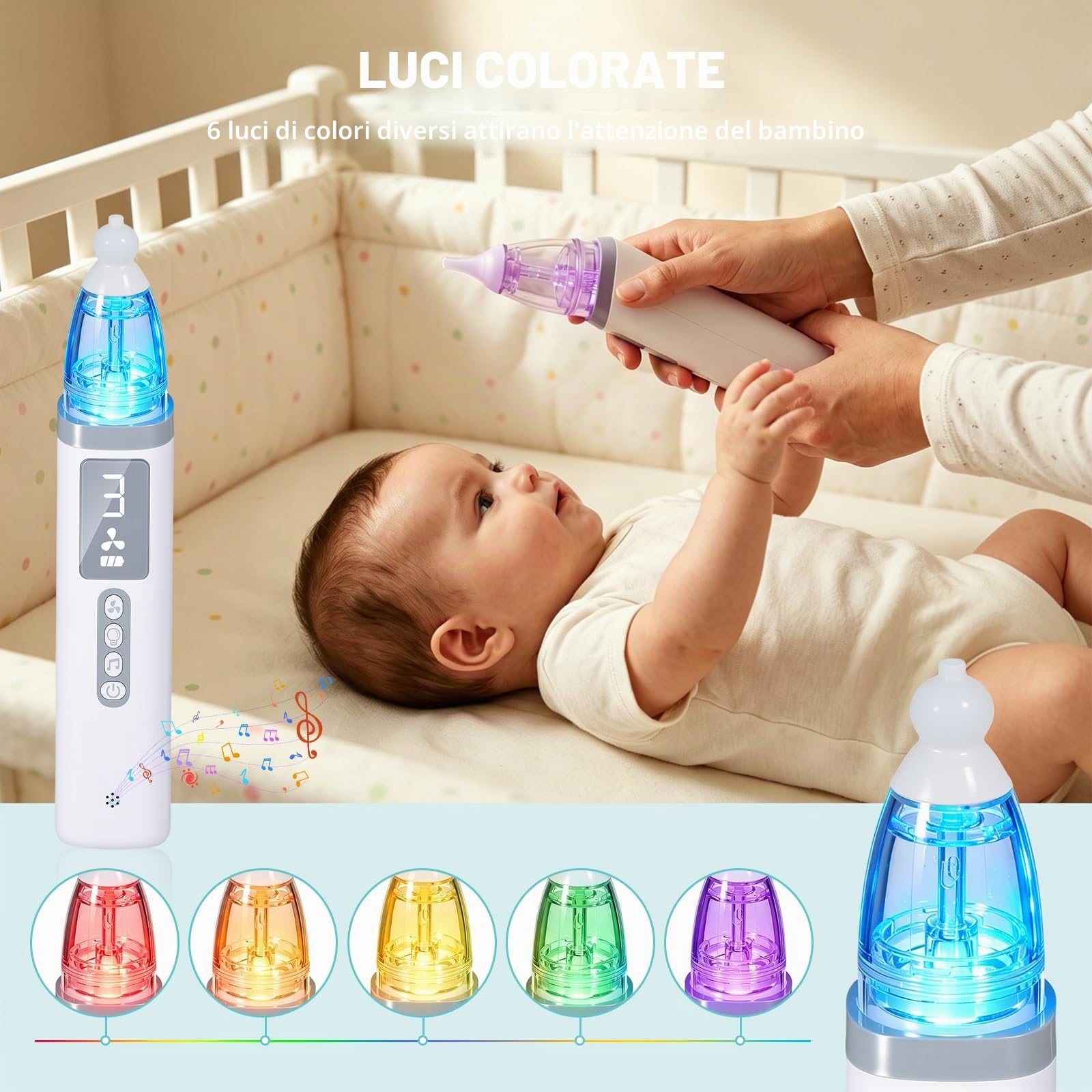 Aspiratore Nasale Neonato Elettrico Aspira Muco Bambini Portatile con 3 Livelli di Aspirazione e 3 Punte in Silicone Aspiratore Nasale Elettrico Ricaricabile USB-C con Musica e Luci per Bambini