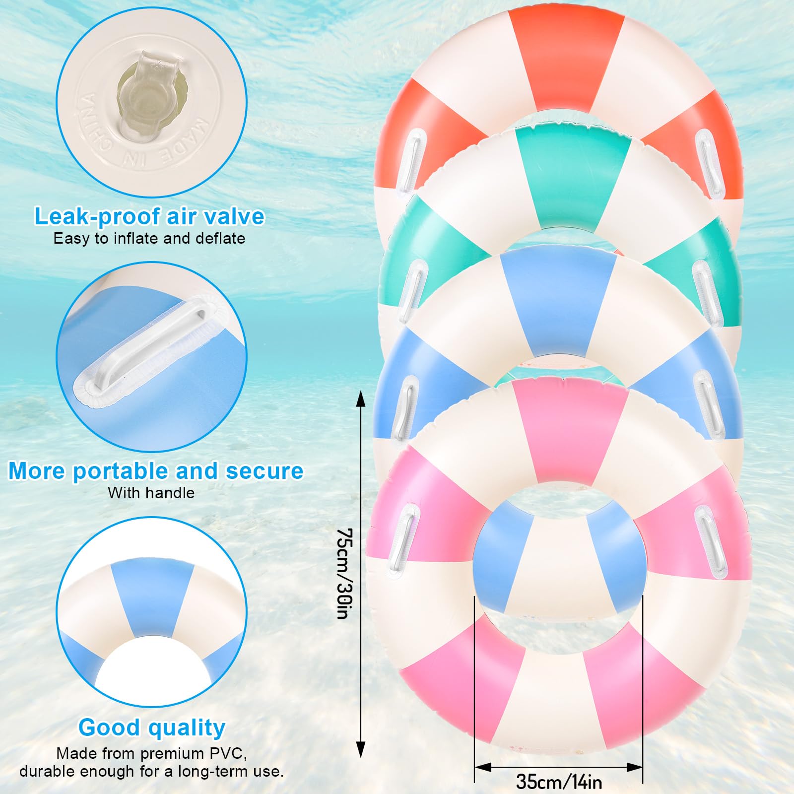 Condition photo showing As Is for fysuimu 4pcs inflatable pool float with handle, striped, 4 classic colors | swim rings, swimming pool tubes, for summer beach bachelorette party,