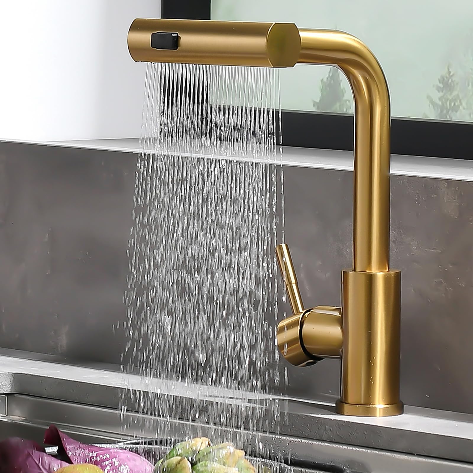 AIMADI Küchenarmatur ausziehbar golden, Wasserhahn Küche mit 3-Wege-Duschbrause & 38cm Schlauch, Einhebelmischer für Kalt- und Warmwasser, Armatur Küche für Spüle & Kücheninsel
