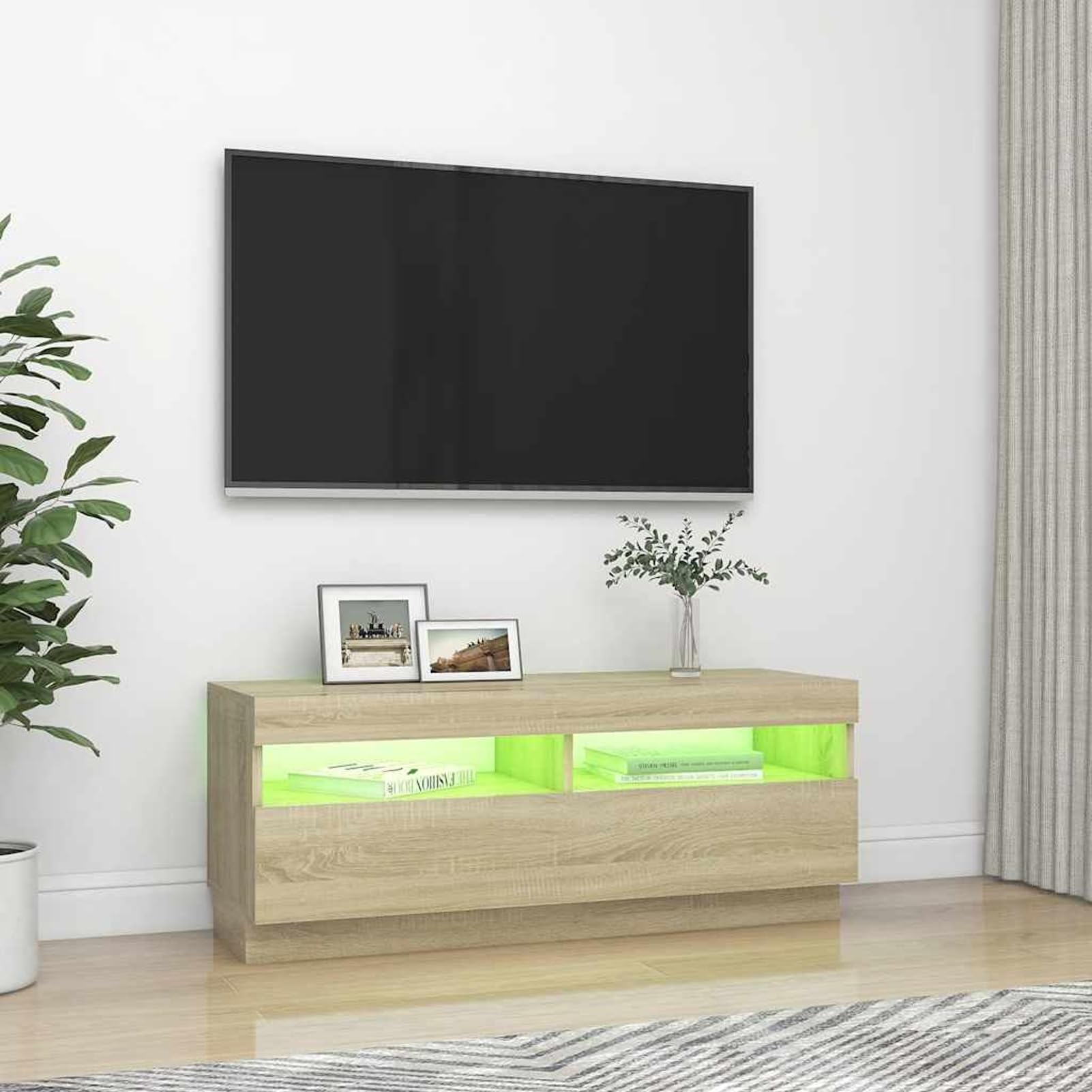 Estante TV con Luces LED RGB - Roble Sonoma - 100x35x40 cm - Montaje Fácil - Soporta DVD, Consola y Streaming