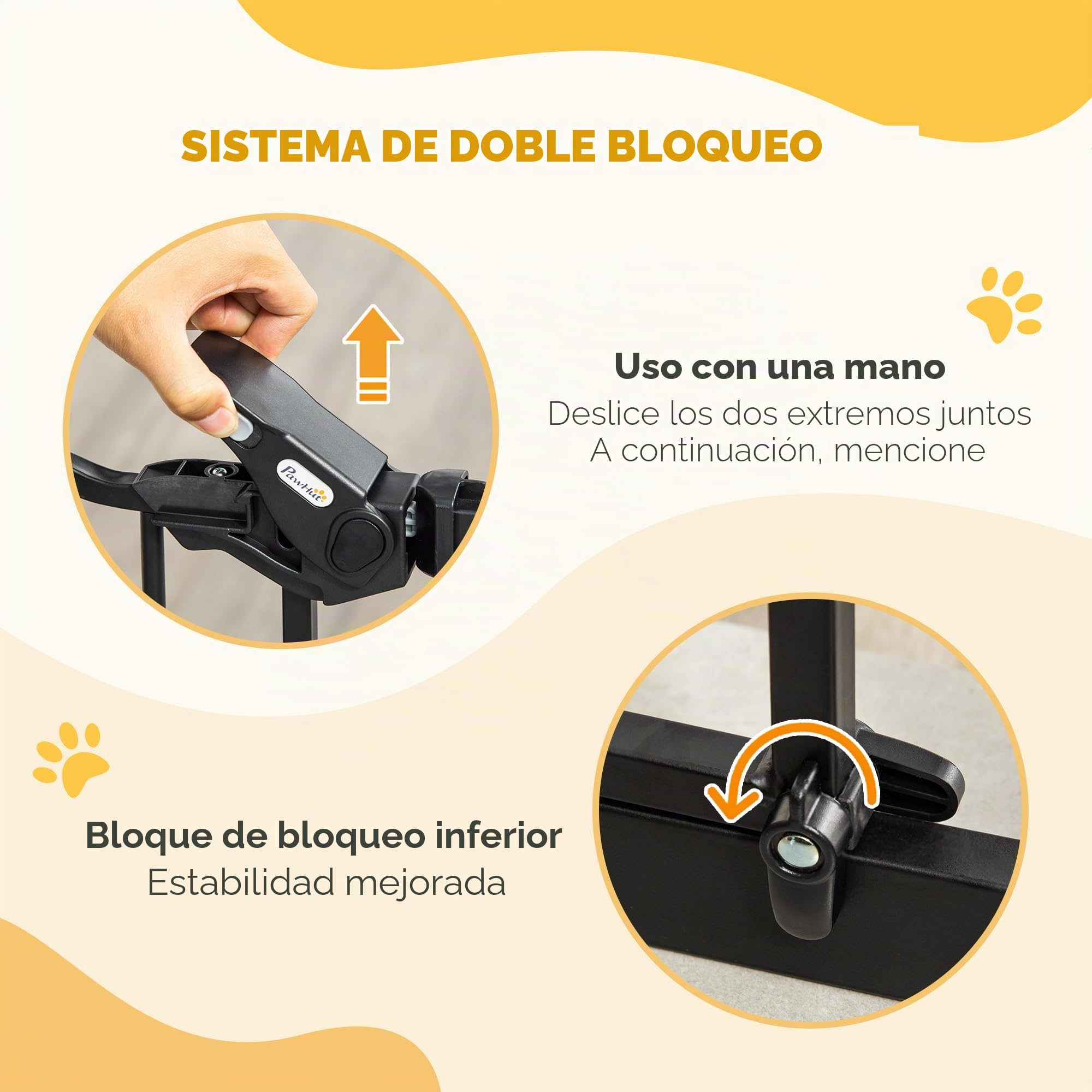PawHut - Barrera de seguridad para animales de 104 cm, diseño alto, con puerta de gato, cierre automático, sistema de doble bloqueo sin perforación, 74 a 80 cm, acero negro | Diseño alto, cierre automático, sistema de bloqueo doble, sin perforación, acero