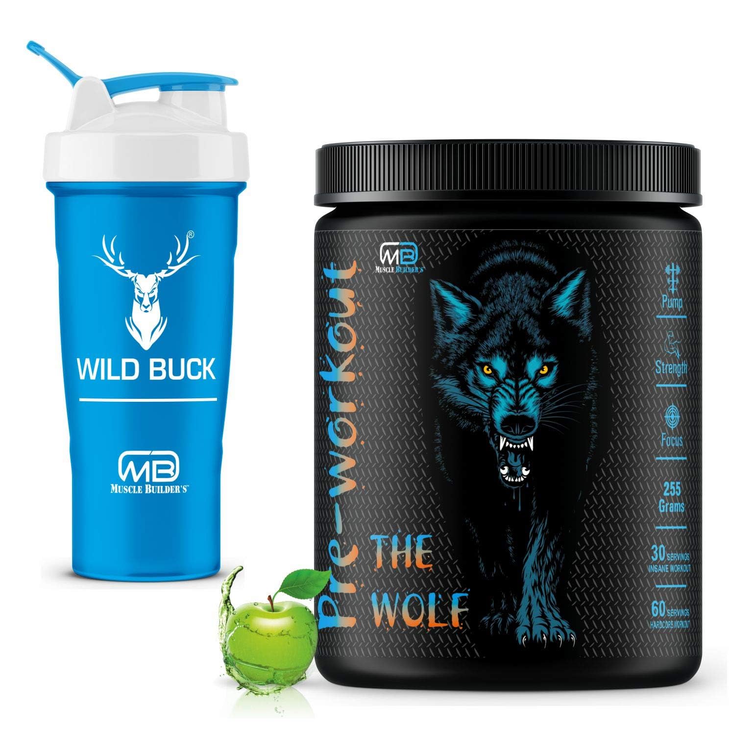 The Wolf Pre Workout Supplement with Creatine Monohydrate, L-Arginine, Beta-Alanine, Caffeine Anhydrous - For Men & Women [30-60 Servings, Green Apple, 255g] With Free Shaker