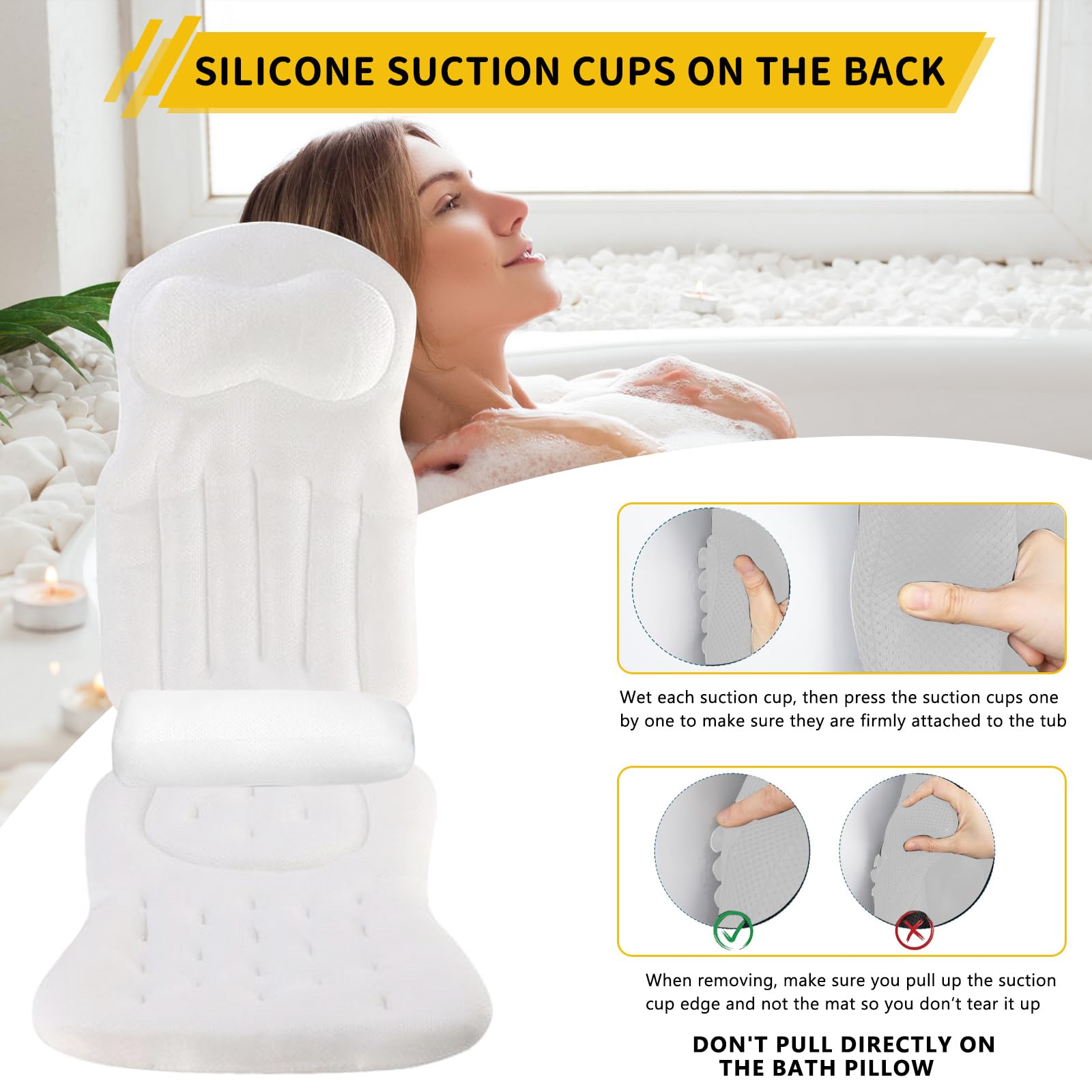Ganzkörper Badewannenkissen für die Badewanne, Sprudelmatte Badewanne mit Kopfstütze und Lendenwirbelstütze, Badesofa Badewannenkissen mit SaugnäPfen und Hängehaken(Weiß)