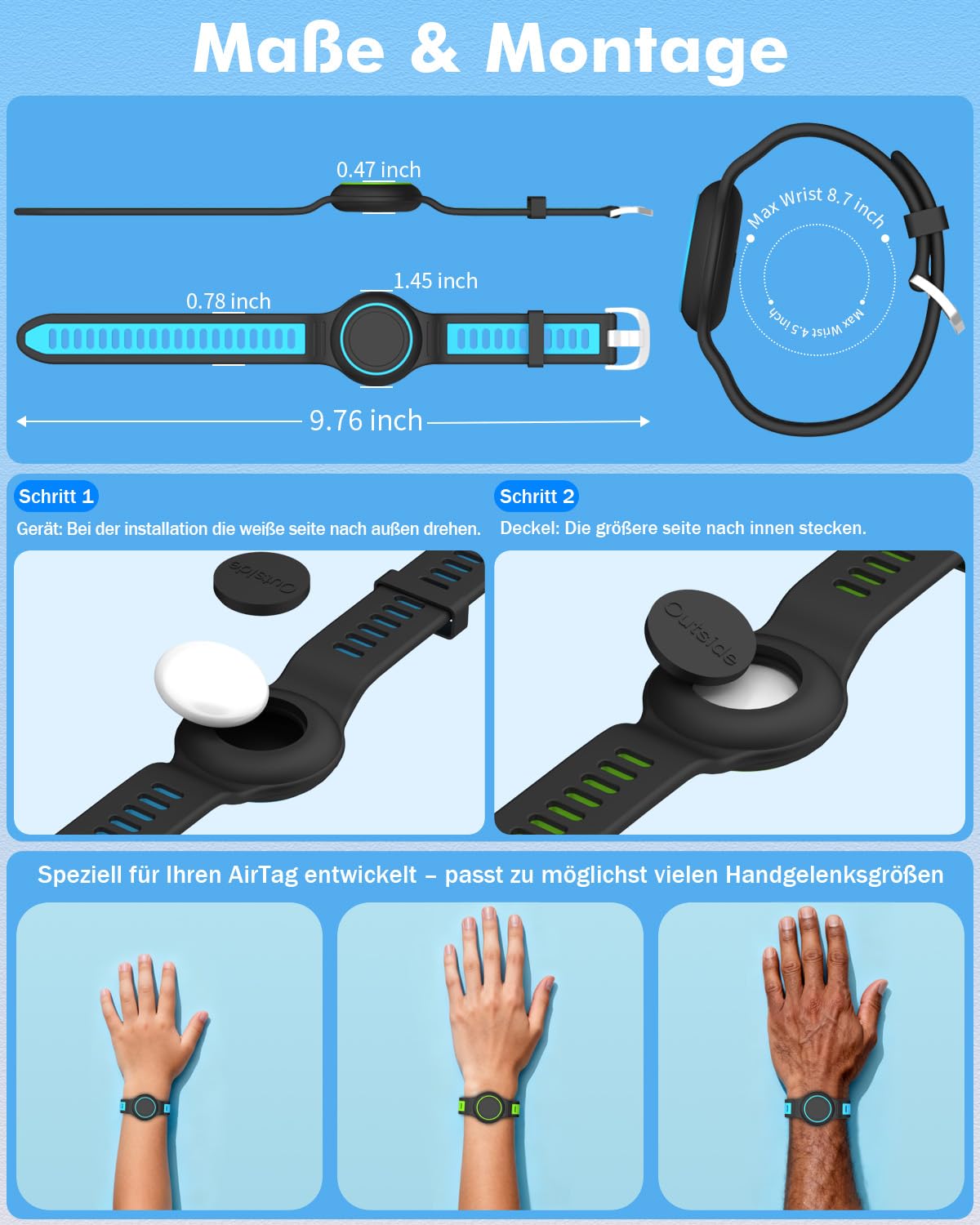 Cinturino in silicone compatibile con Apple AirTag 1° e 2° generazione, impermeabile e resistente agli urti, protezione a 360°. Include bracciali, coperture in silicone e istruzioni, accessori pratici