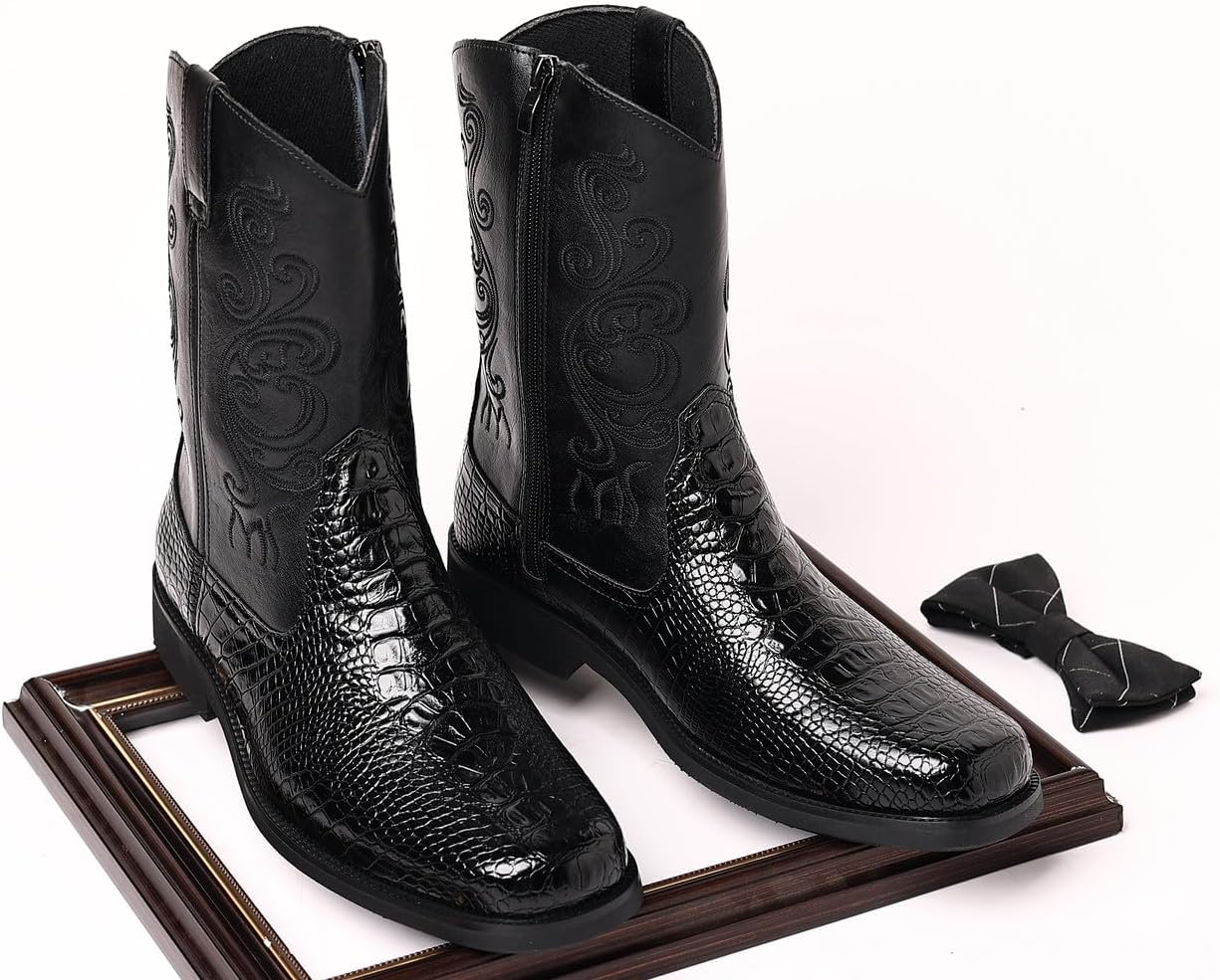 Santimon Men's Crocodile Western Cowboy Boots, Side Zipper, Mid Calf Wide Square Toe Boots