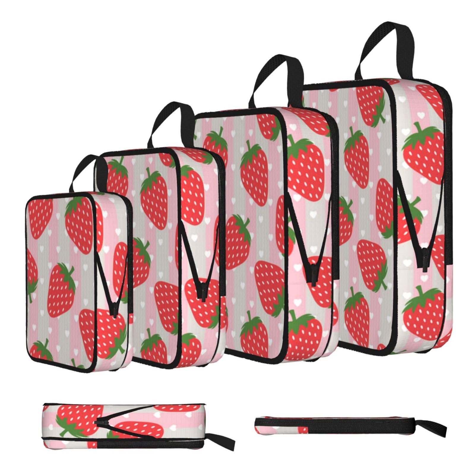 Esnaiuvcd Black Strawberry Print 4 Set Compression Packing Cubes For Suitcases,Expandable Storage Bags Organizers