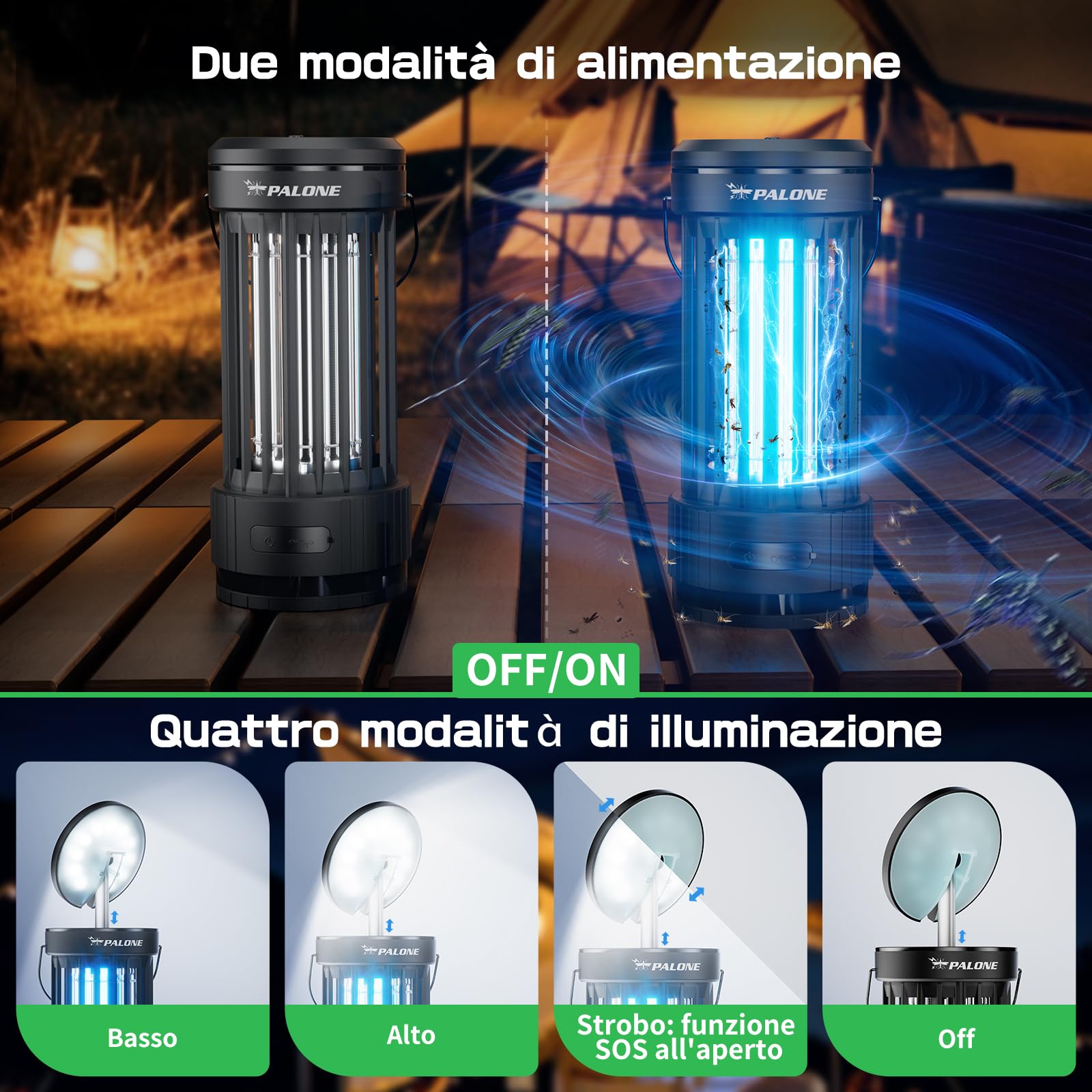 PALONE Lampada Antizanzare Elettrica con Luci UV e LED Regolabili | 4000mAh 4500V USB Zapper per Insetti, Trappola Elettrica Portatile per Interni ed Esterni, Campeggio, Pesca, Escursionismo