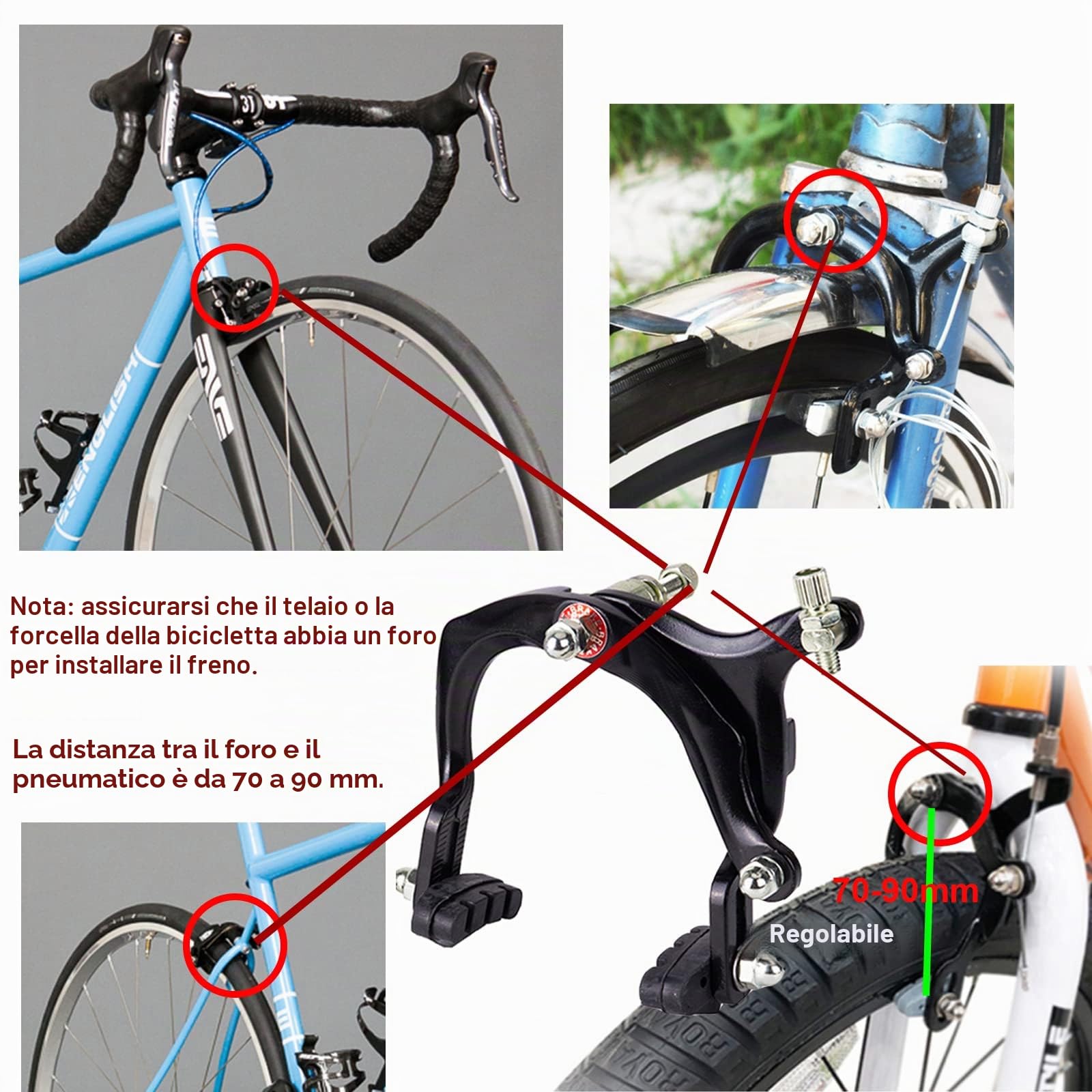 Mimoke 2 paia di freni a V Brake per biciclette, freni a V anteriori e posteriori con pastiglie freno da 60 mm, leva freno a dito, cavo freno bicicletta, alluminio