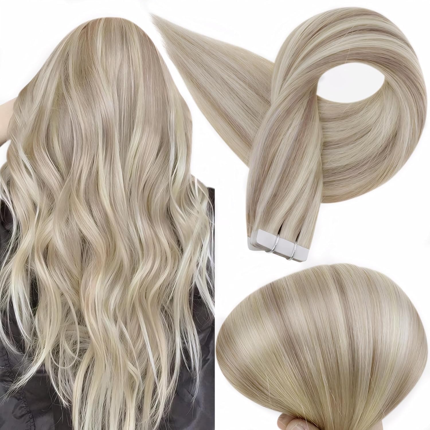 Full Shine Tape in Hair Extensions Color 18 Ash Blonde with 613 Blonde Straight 18 Inch Tape in Hair Extensions Human Hair 50 Grams Real Human Hair