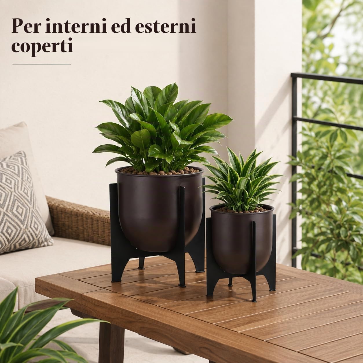 TRIROCKS - Set di 2 vasi con supporto in metallo per interni ed esterni, vasi moderni per soggiorno, angolo, cucina, ufficio, giardino, balcone, decorazione da patio