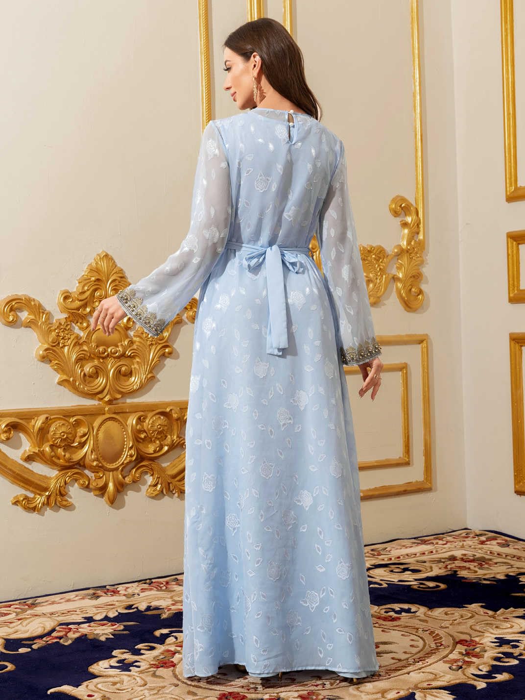 PLWEDDING Traditionelles muslimisches Kaftan Kleid,Blau mit Gold Stickerei,Lange Ärmel,V-Ausschnitt,Maxi Länge,Orientalischer Stil