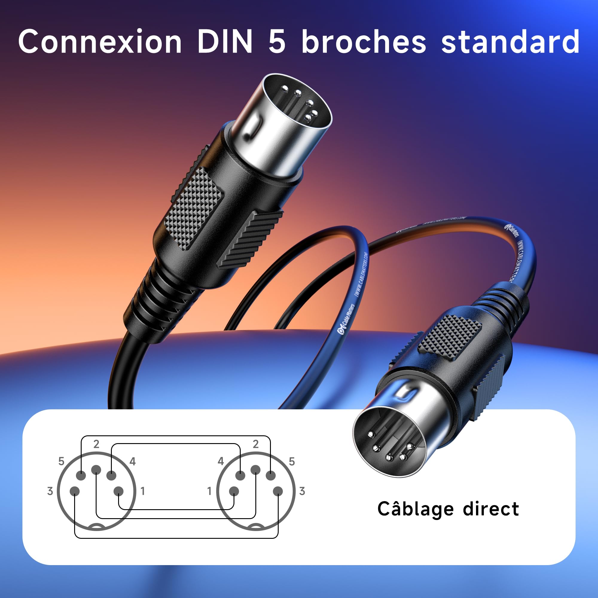 Câble DIN 5 broches KOMELEC Câble midi din 5 mâle mâle 1.20m
