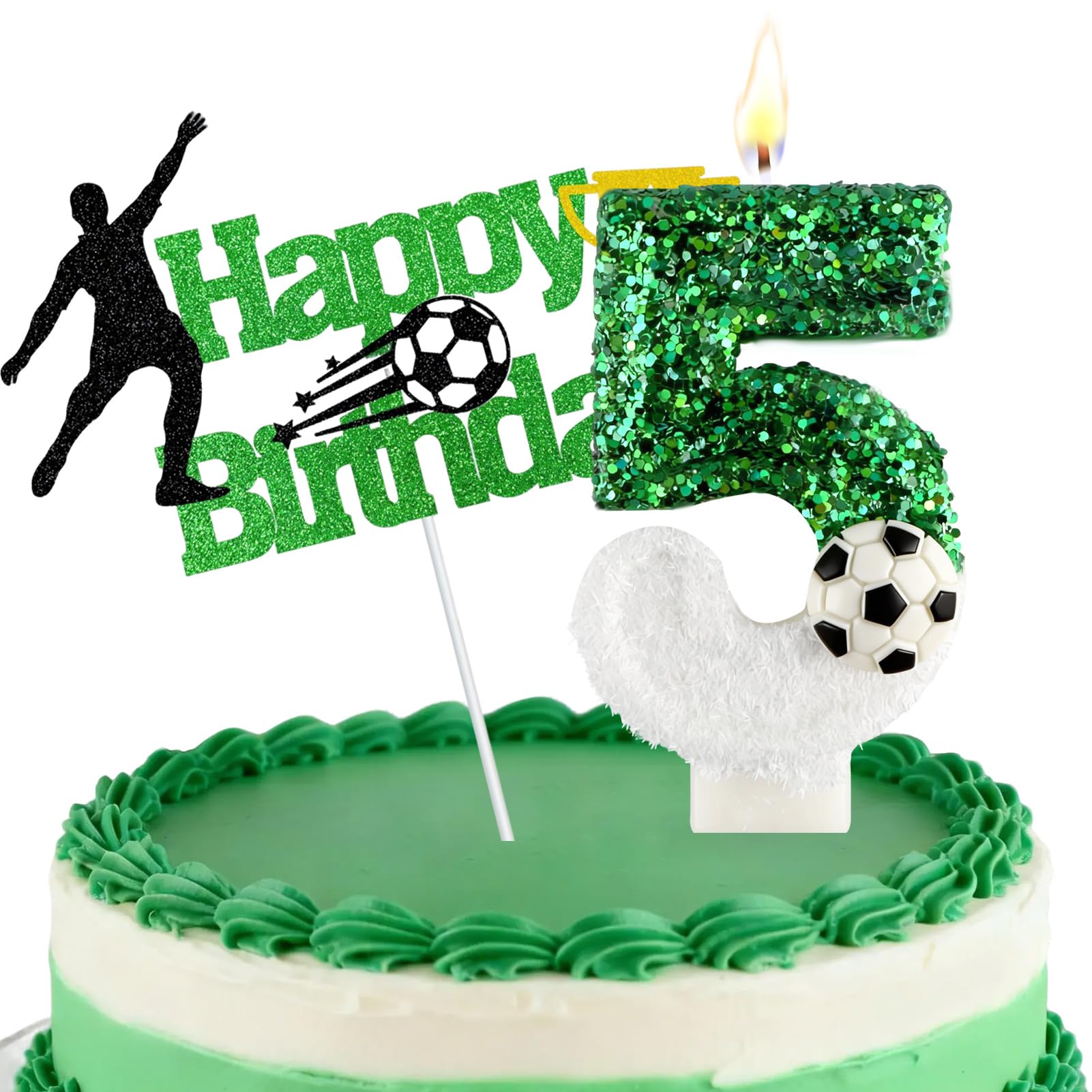 Football Number Candles, Birthday Candles for Cake, Cake Candles with Greeting Card for Birthday Party Wedding Anniversary Celebrations(5 Candle,Green&White)