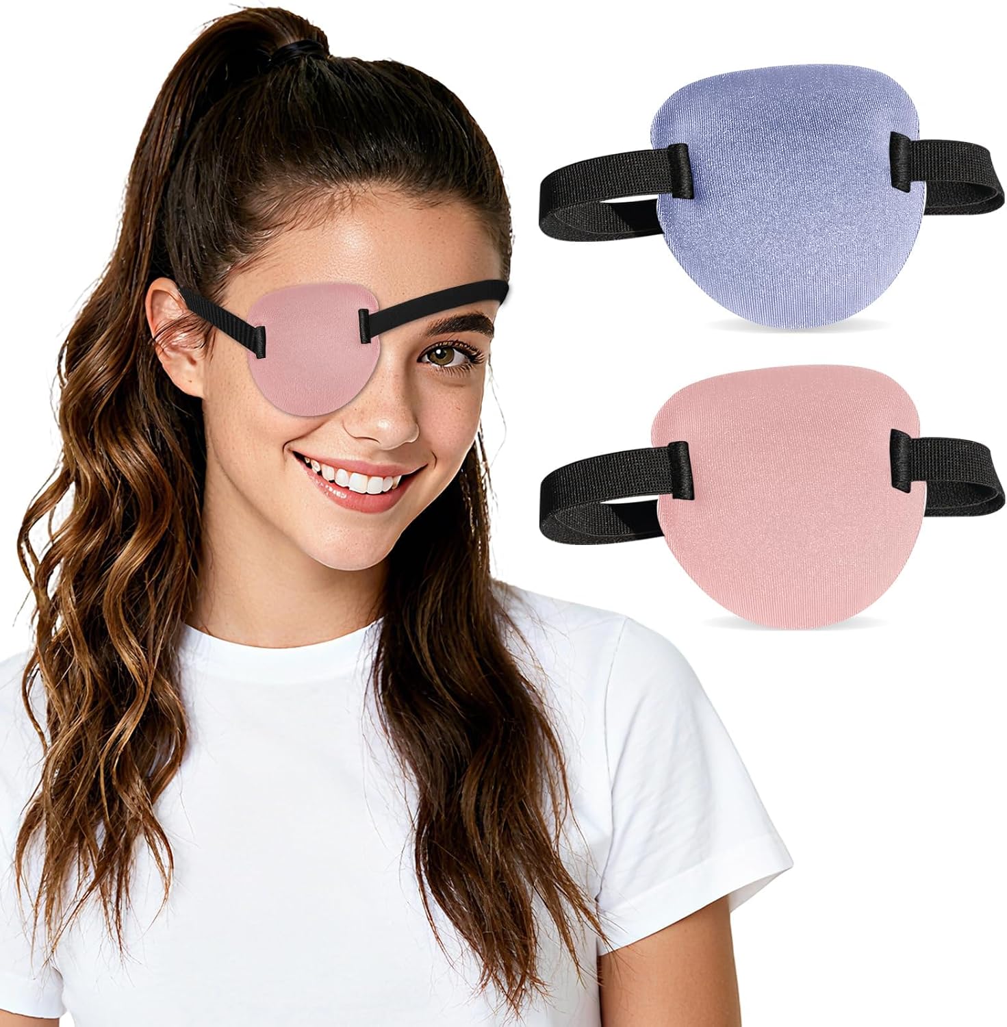 Eye Patches 3D Adjustable for Left or Right Eye, Cover for Amblyopia Lazy Eye, Cosplay and Pirate Costume 2 PCS(Soft Pink,Light Purple)