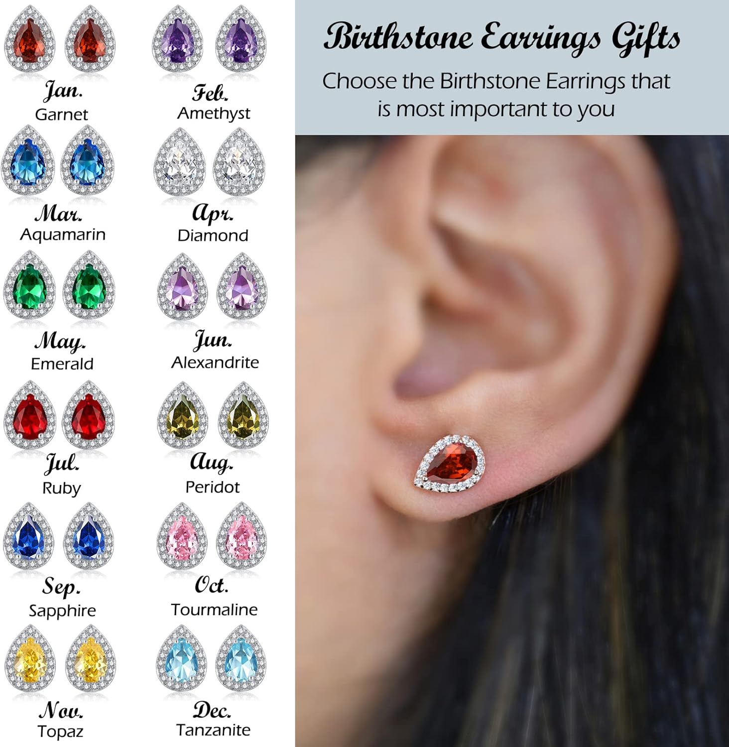 Silver Birthstone Teardrop Stud Earrings for Women, Faux Diamond Halo Bridal Earrings | 925 Sterling Silver Post Cubic Zirconia Studs Jewelry for Birthday Christmas Wedding Gifts - Image 2