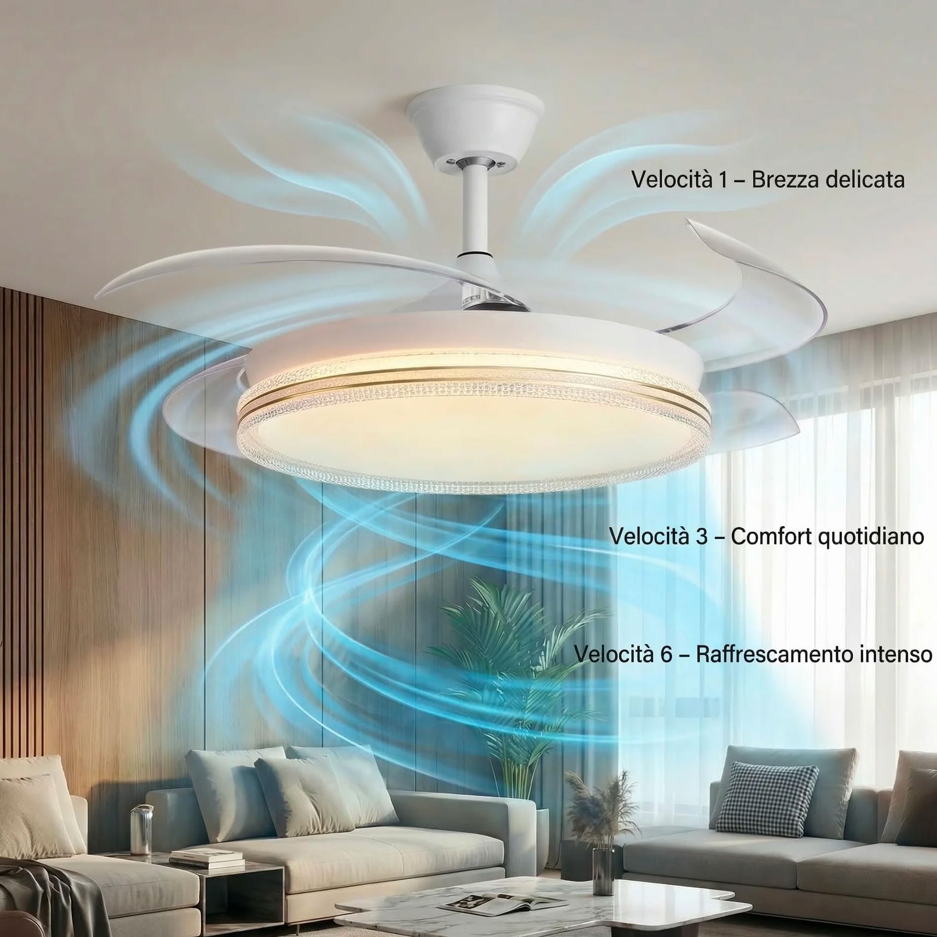 081 Store - Ventilatore da Soffitto con Luce LED e Telecomando, Pale Retrattili Trasparenti, 6 Velocità, 3 Tonalità di Luce, Timer 1/2/4/8H, Motore DC Reversibile Silenzioso, 48 Pollici 120 cm