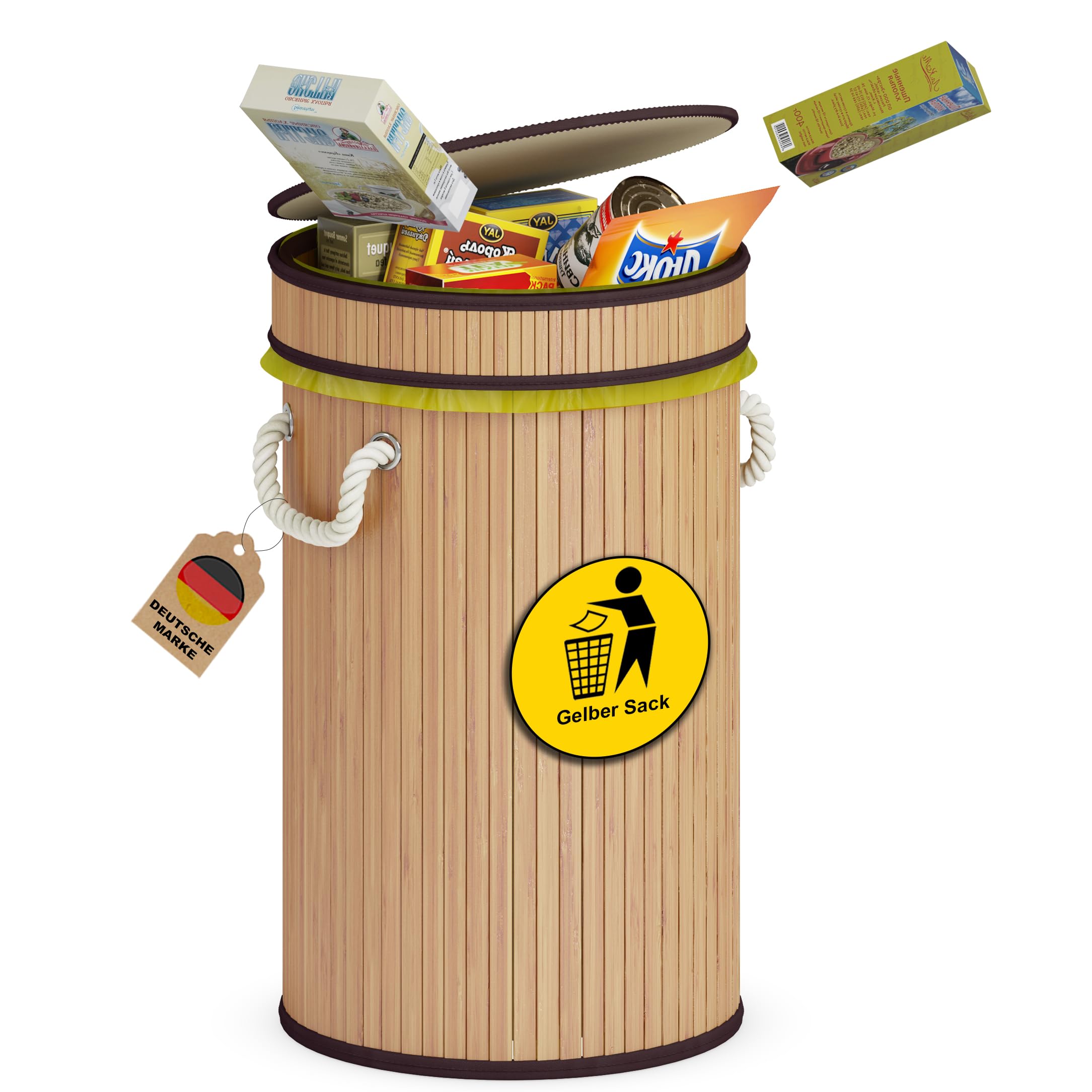 AdelDream Support pour sacs jaunes poubelle en bois anti-odeur pour sacs jaunes poubelle hermétique idéale comme support pour sacs jaunes poubelle pour sacs jaunes de 60L modèle rond