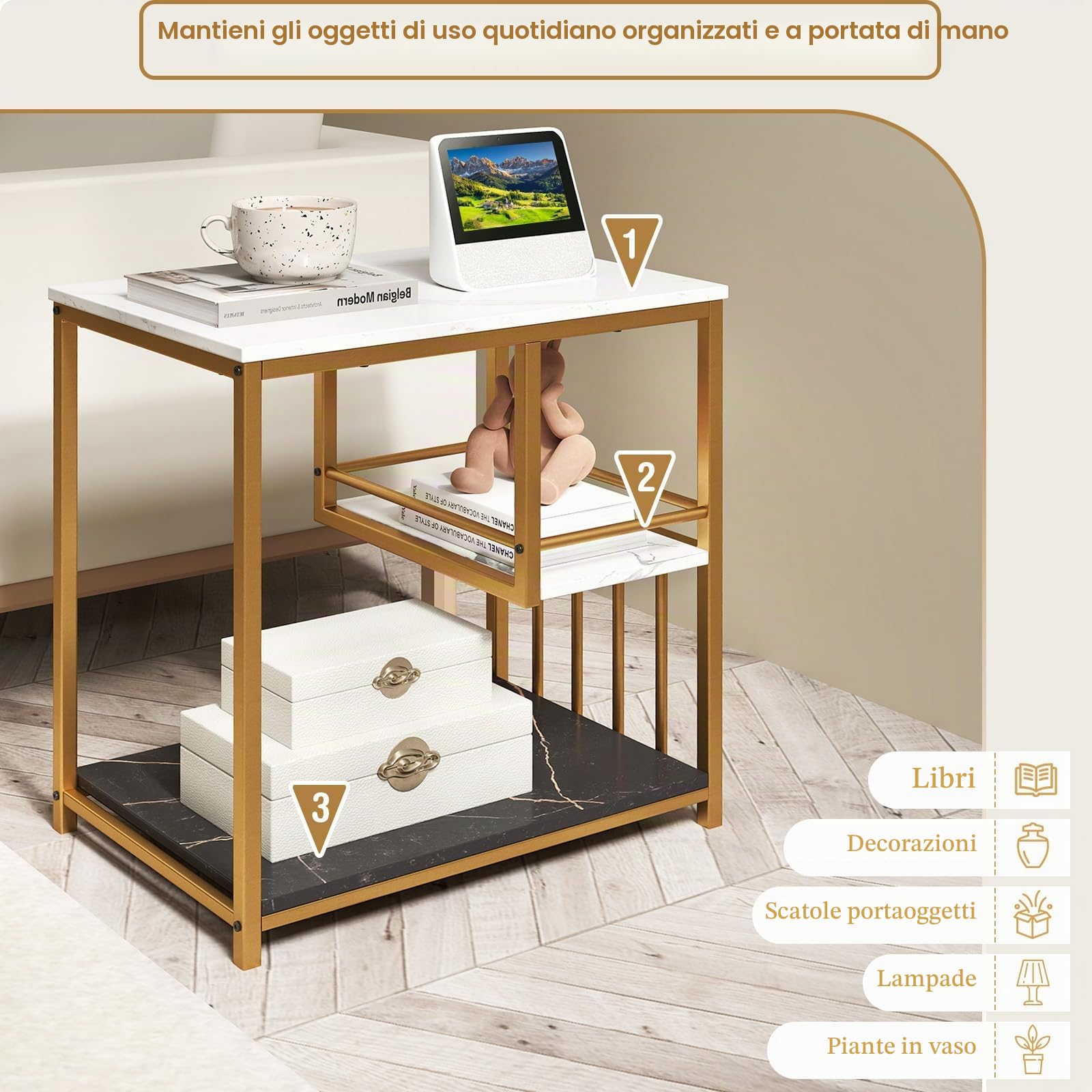 LIFEZEAL Tavolino Laterale da Divano a 3 Ripiani, Effetto di Marmo, Oro+Bianco, Tavolino Lato da Salotto Piccolo, Tavolino da Caffè, Decorativo, Moderno, Salvaspazio, Soggiono, Max 80kg, 60x40x60,5 cm