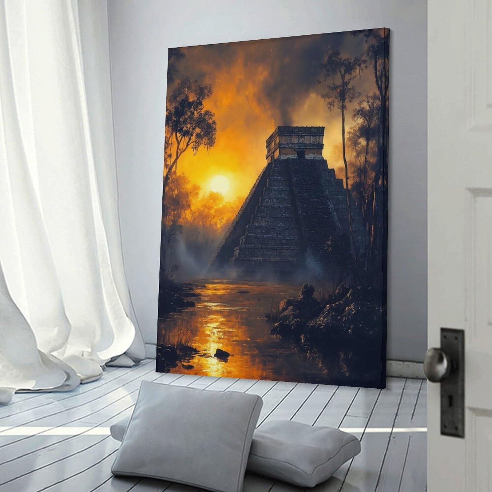 Junmoney Frame-Style-13 Canvas Art Print Mayan Pyramid At Sunset, 12X18inch(30X45cm), For Contemporary Homes, Apartments Or Offices, Decorative Canvas Decor For Home Updates