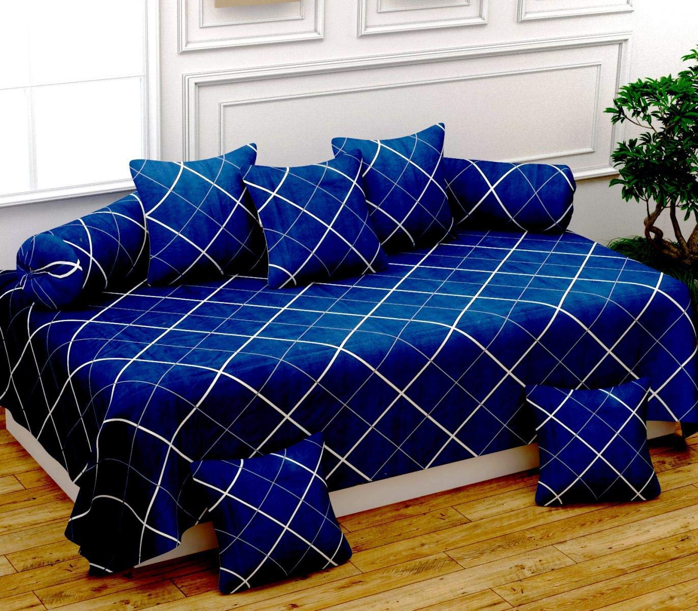 MORADO® 160 Tc Super Soft Glace Cotton Floral Printed 8 Pieces Diwan Set, Including 1 Bedsheet 5 Cushion Covers and 2 Bloster Covers-Blue-picture-29