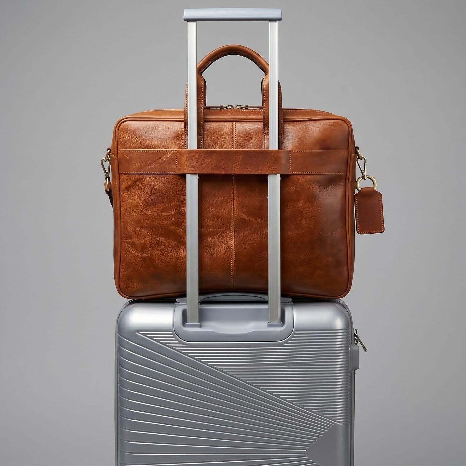 Genuine Leather Briefcase for Men, 15.6 Inch Laptop Business Work Bag with Luggage Strap, Vintage Brown
