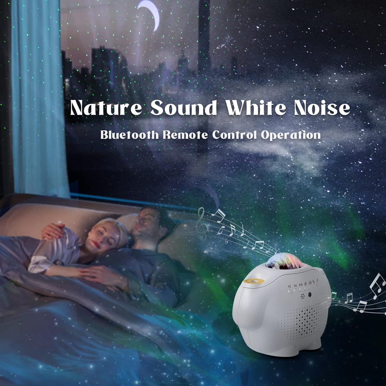 Fuegobird Galaxy Night Light Projector with white noise feature, showing a couple sleeping under a starry projection