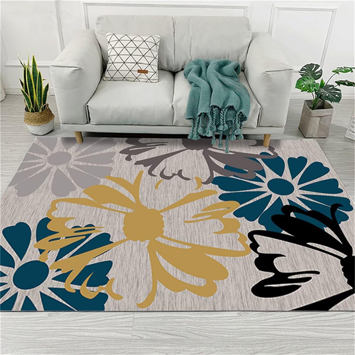 Tapis extérieur 50x80cm gris bleu floral moderne pour entrée