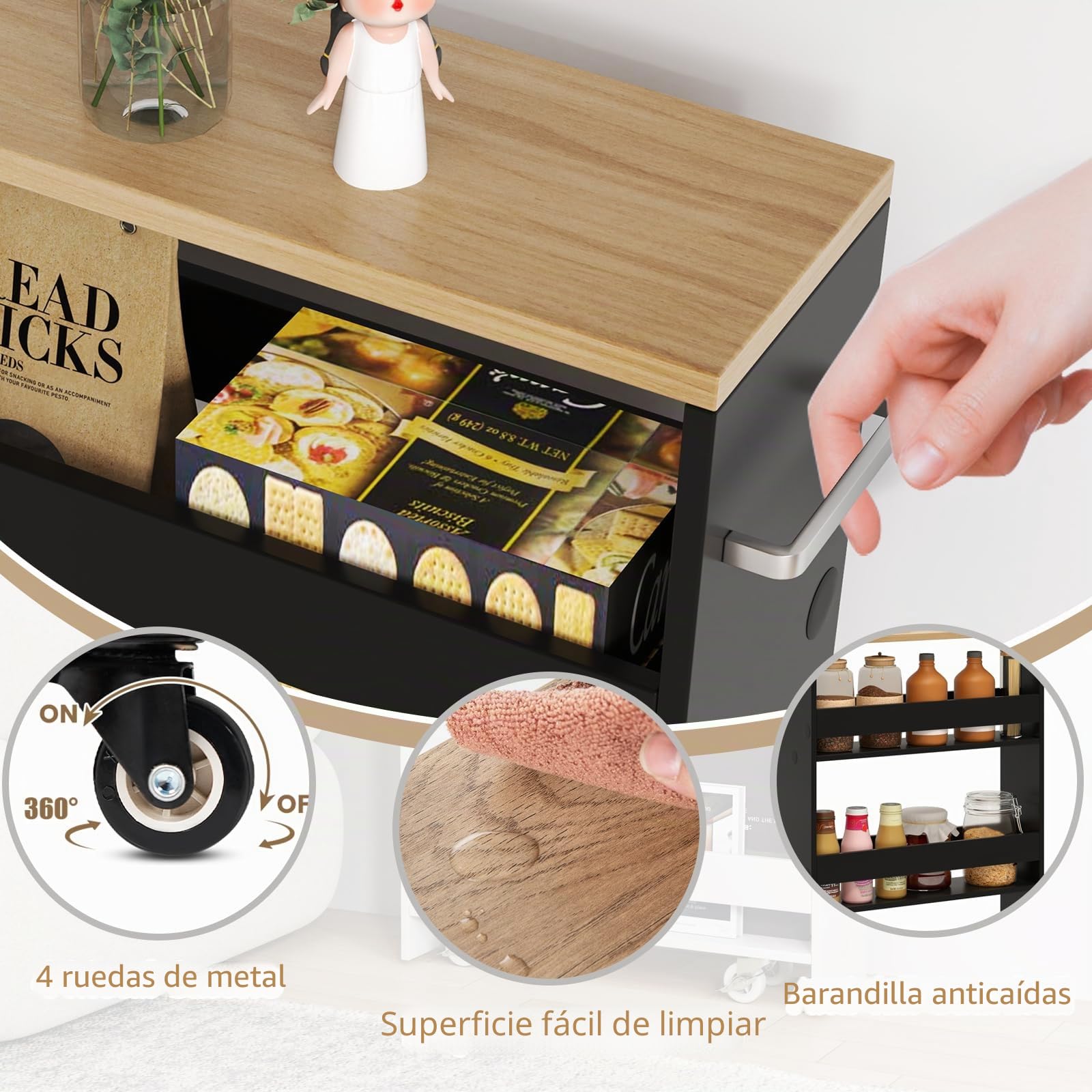 KOMFOTTEU Carro Estrecho de 4 Niveles con Ruedas, Carrito de Cocina con Asa, Carrito para Ahorrar Espacio para BAÑO, Dormitorio, Estantería Móvil de Almacenamiento, 47,5 x 20 x 80,5 cm (Negro)