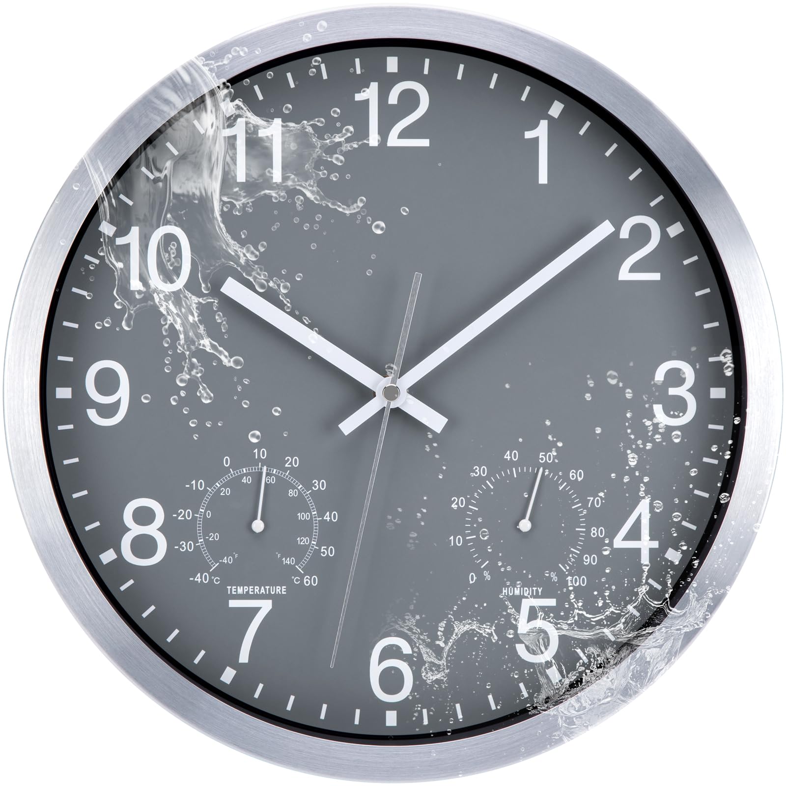 ACCSHINE Reloj de pared impermeable para exteriores – con termómetro e higrómetro, reloj de pared sin tic-tac, silencioso, 30 cm, cuarzo a pilas, grande, Deco de jardín (color gris)