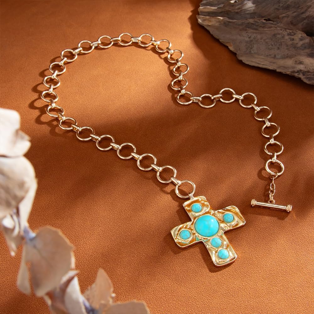 Silver Western Cowgirl Necklaces Country Concert Outfits Cowboy Turquoise Necklace Chunky Cross Pendant Necklaces Costume Jewelry Accessories for Women - Image 3