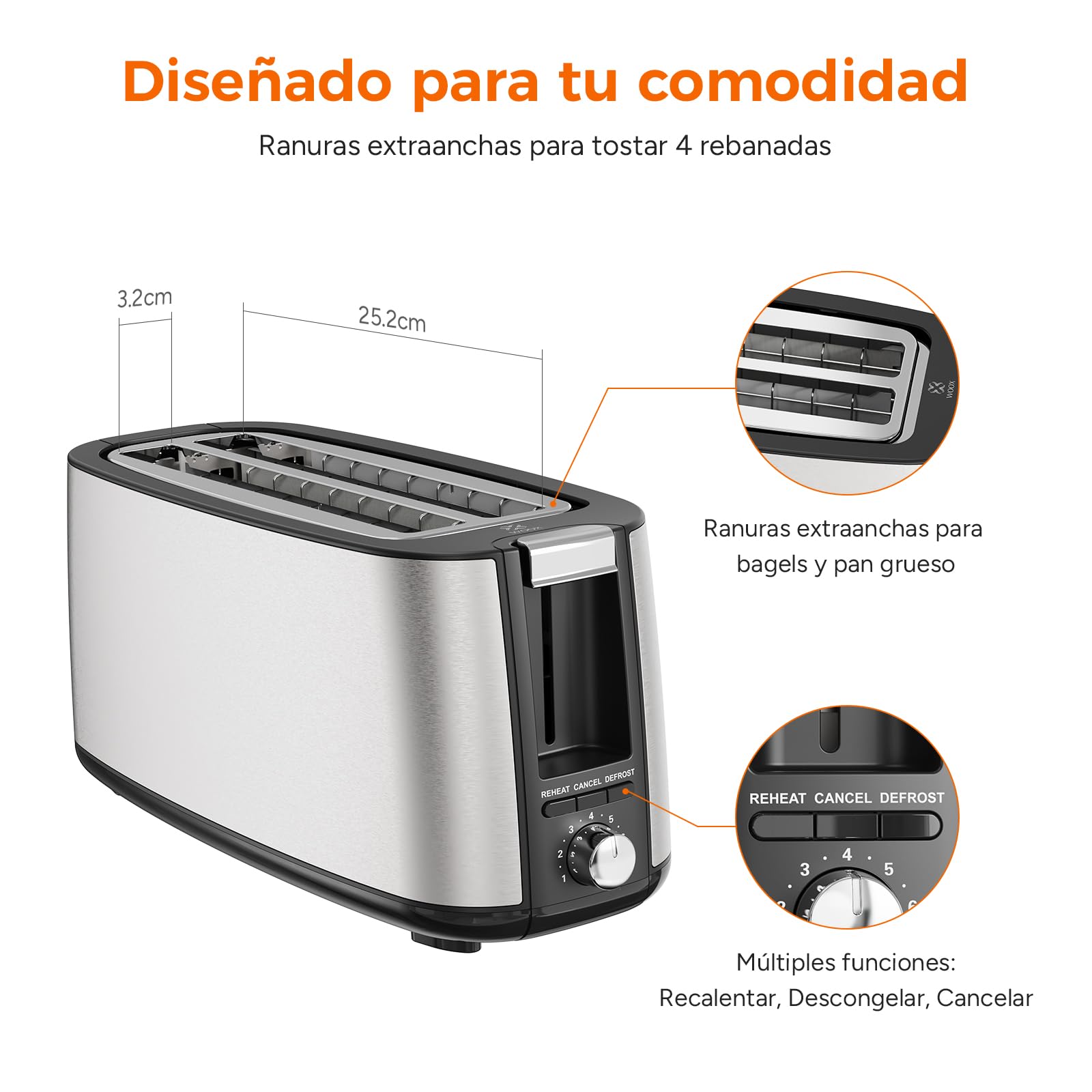 WOOX Tostador 4 rebanadas con cajón de migas extraíble, ranuras largas, función recalentar y recrispado, 7 niveles de tostado, 1400W, tostador acero inoxidable mate - Pan tostado, bagels y gofres