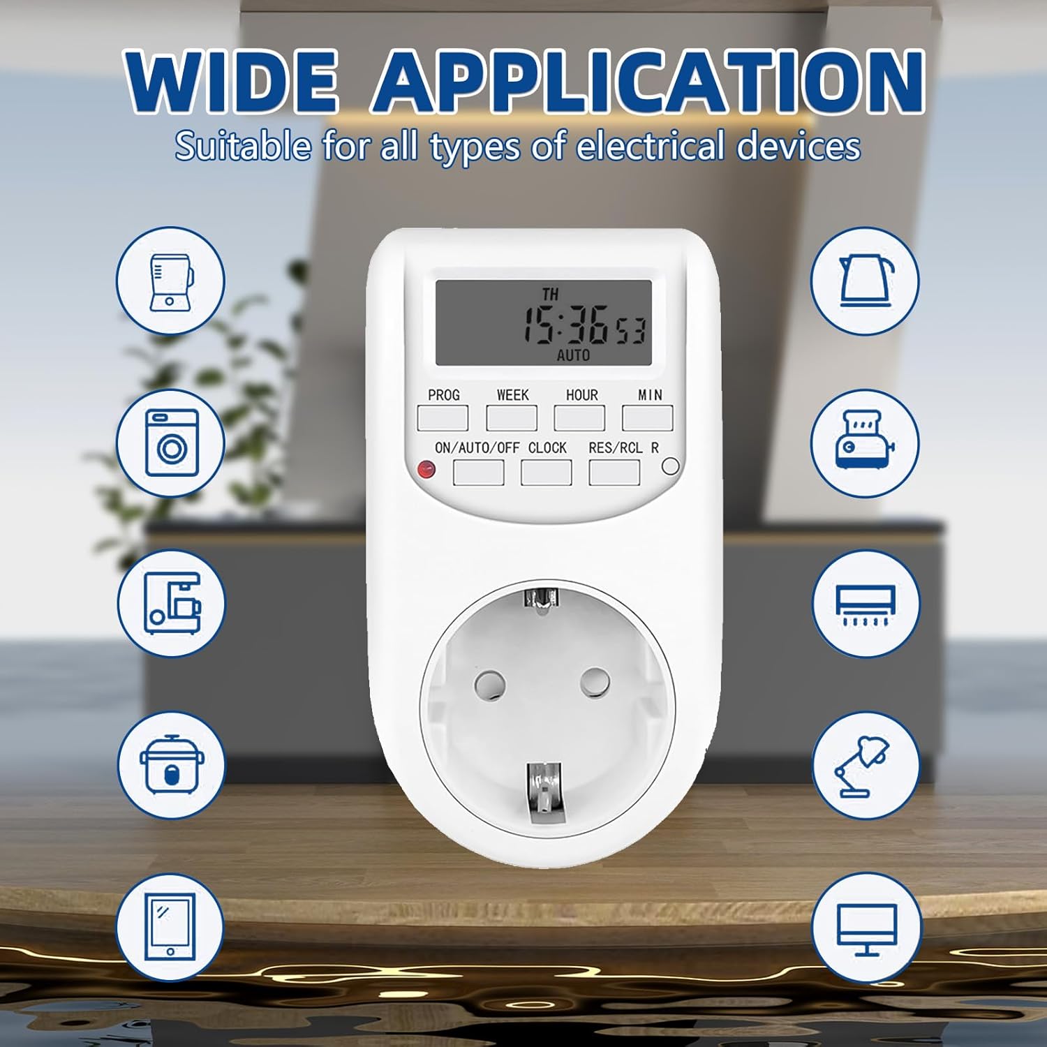 Digital timer surrounded by icons of various electrical devices.