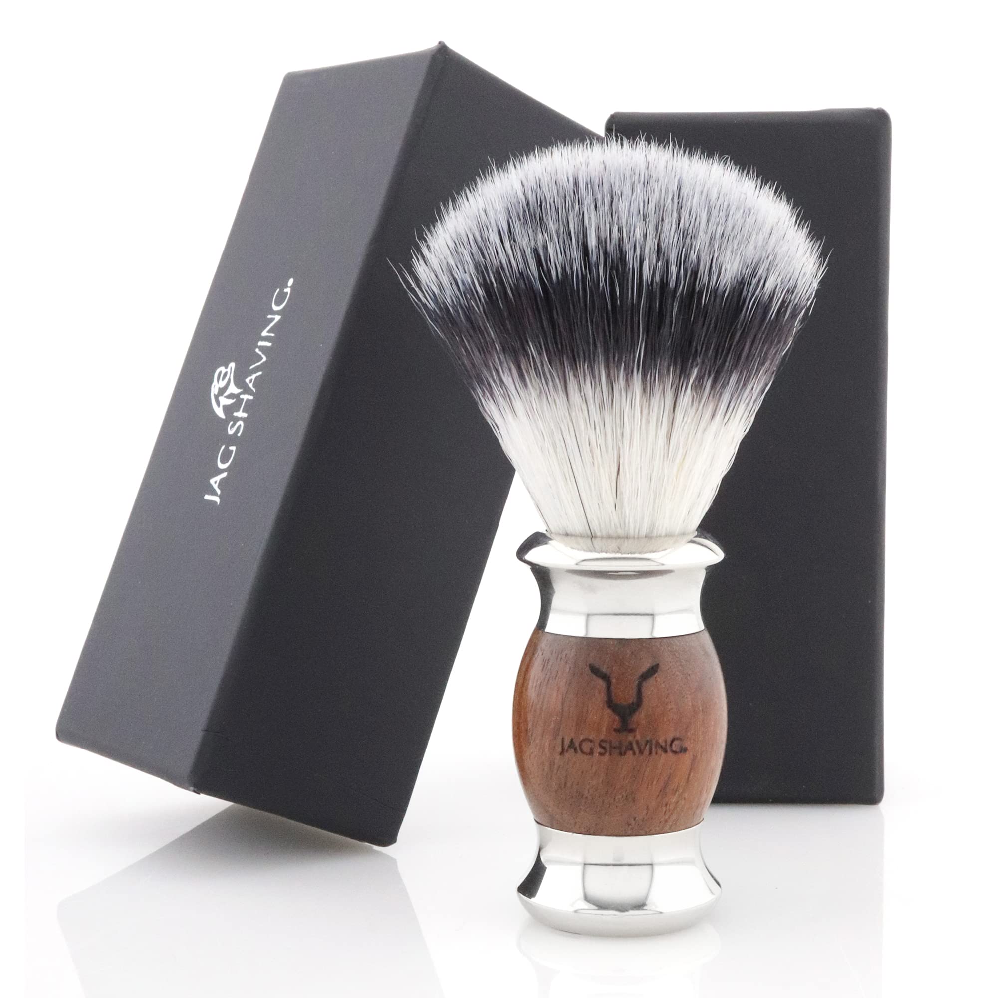 Jag Shaving zestaw do golenia - JAG's LEE Range 4-częściowy zestaw do golenia - syntetyczny pędzel do golenia z włosia srebrnego - 5 ostrzy do golenia stojak na golenie ze stali nierdzewnej i drewna - miska do golenia - zestaw drewna